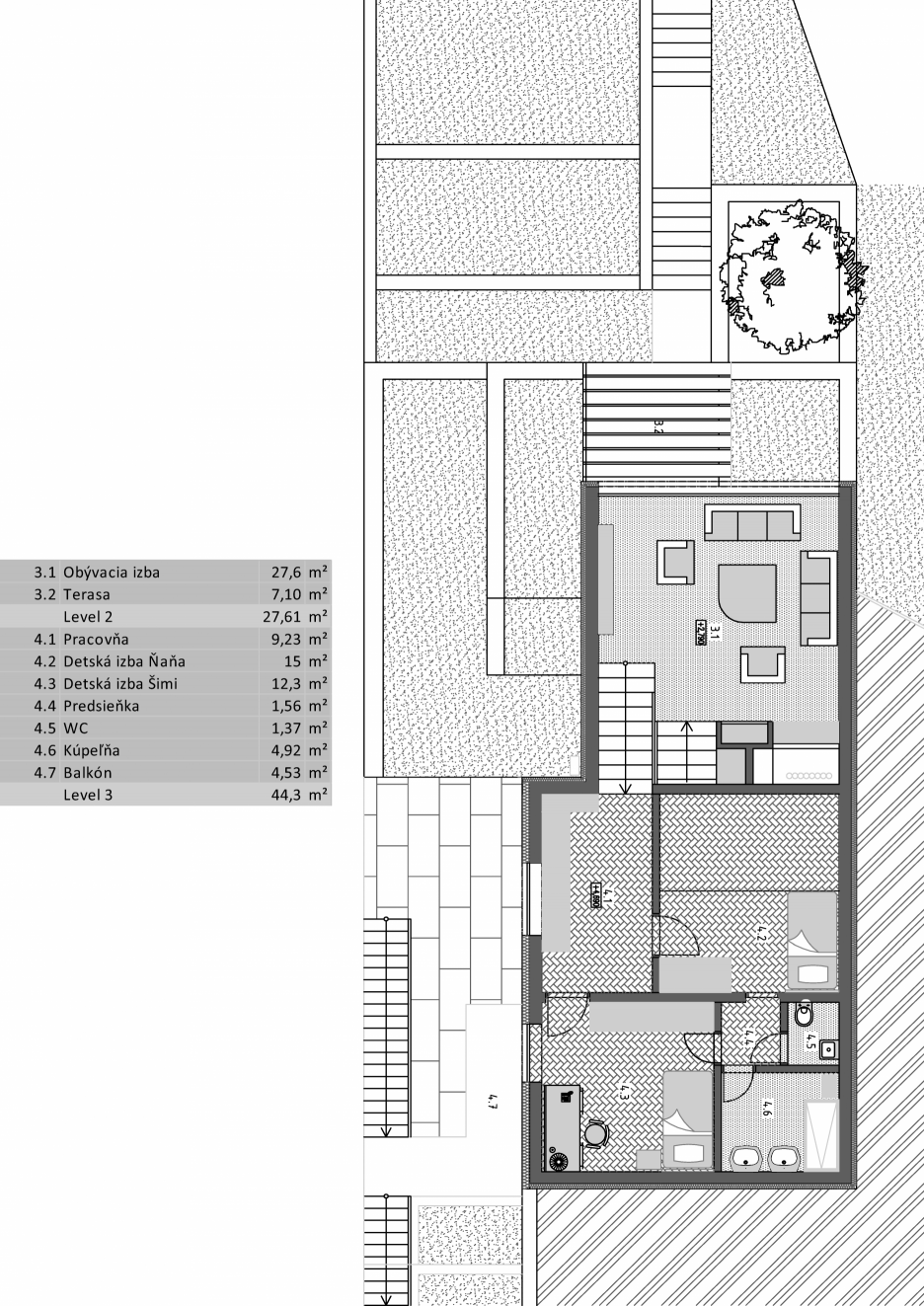 Pôdorys úrovne 2 a úrovne 3