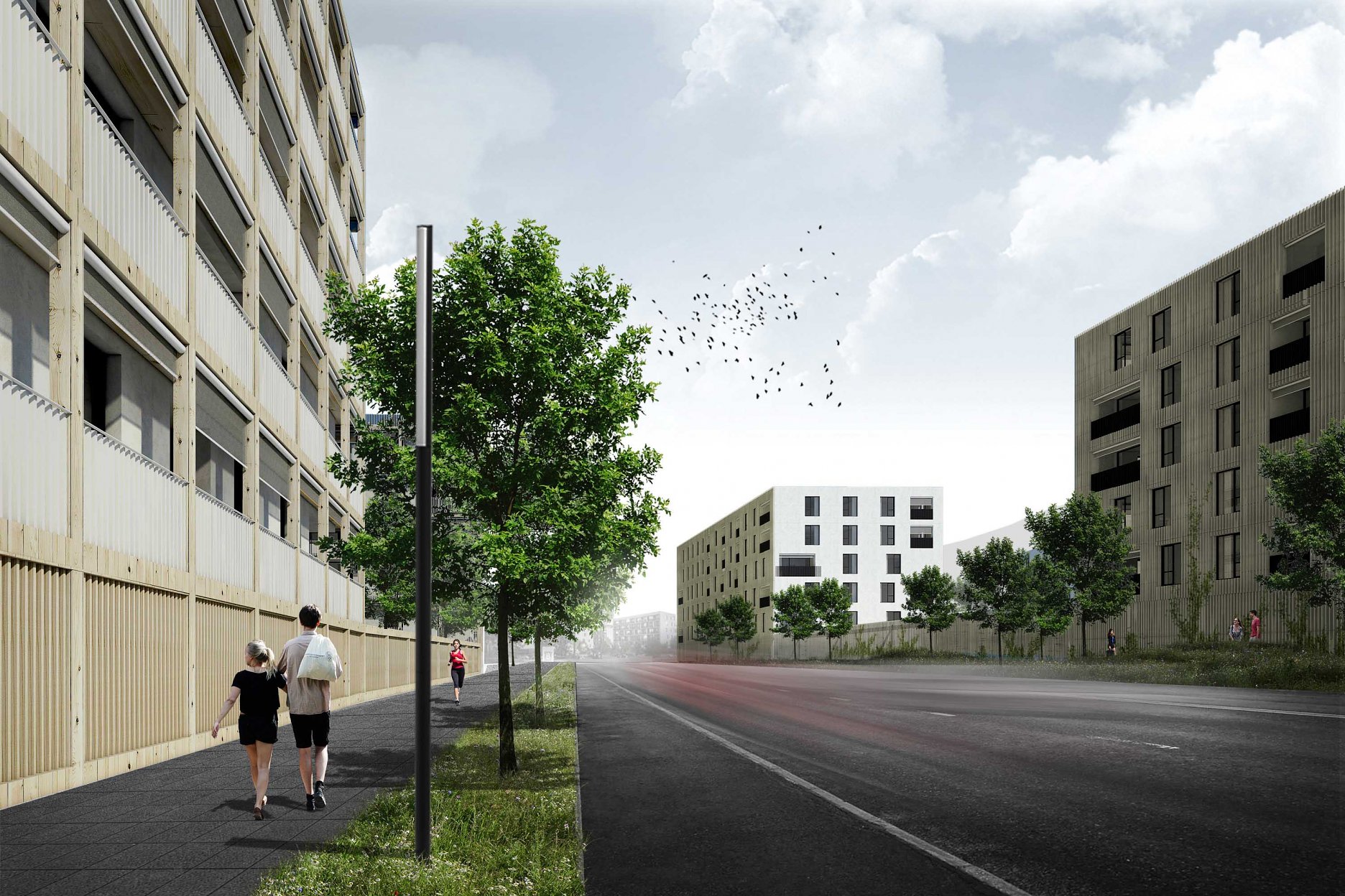 Vizualizácia: dva obytné bloky formujú nový priestor ulice, pohľadová priepustnosť parteru blokov umožňuje vizuálny kontakt s ich vnútornúm prostredím