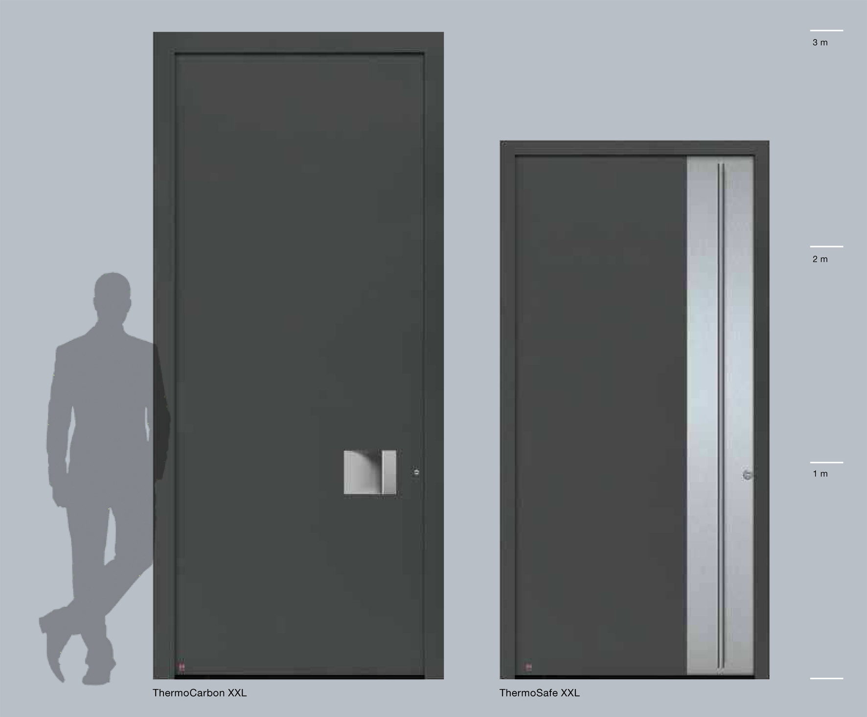  Hliníkové domové dvere Hörmann ThermoSafe a ThermoCarbon je teraz možné zakúpiť aj na výšku miestnosti do výšky 2,5 metra a 3 metre. Domové dvere tým prispievajú k ešte priestrannejšiemu a modernejšiemu vzhľadu vstupnej oblasti. 