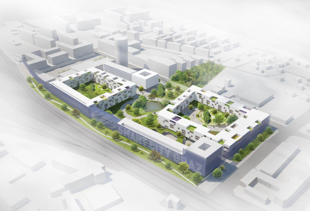 Vítězný návrh ze soutěže na soubory dostupného bydlení v projektu Smart City Graz podle návrhu kanceláře architekta Nussmüllera 