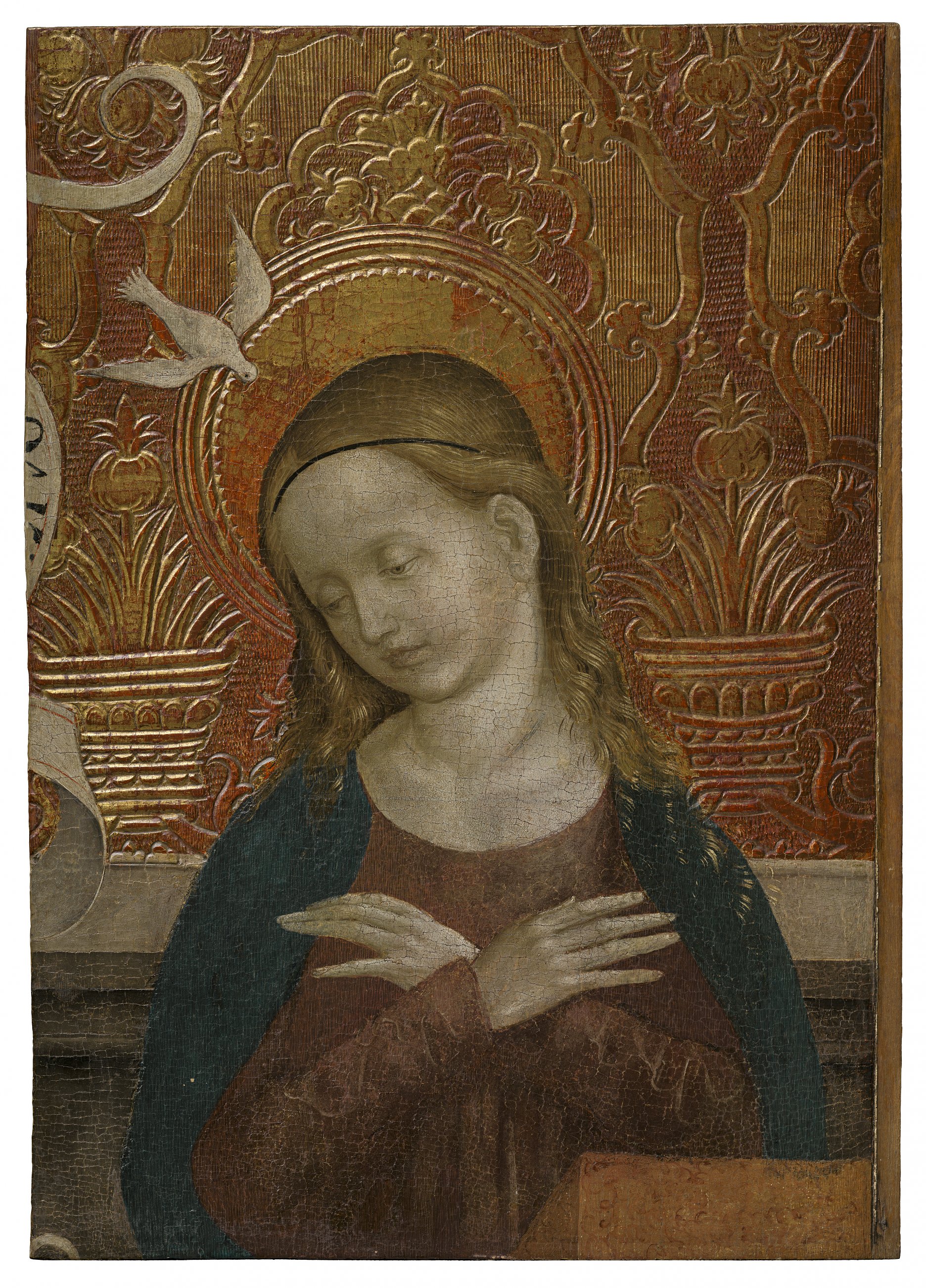 Majster z Okoličného a dielňa: Zvestovanie (fragment). Cca 1500 – 1510. Majetok: Bratislava, Rehoľa menších bratov Františkánov – Kostol sv. Petra z Alkantary Liptovský Mikuláš – Okoličné