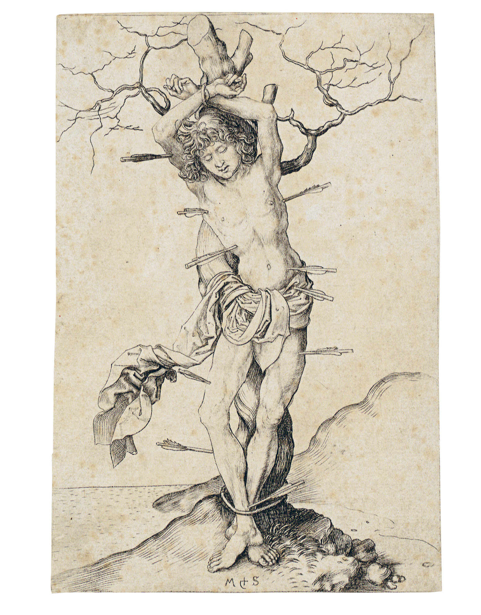 Martin Schongauer Sv. Sebastian. Okolo 1480 – 1491. Majetok: Graphische Sammlung ETH, Zürich