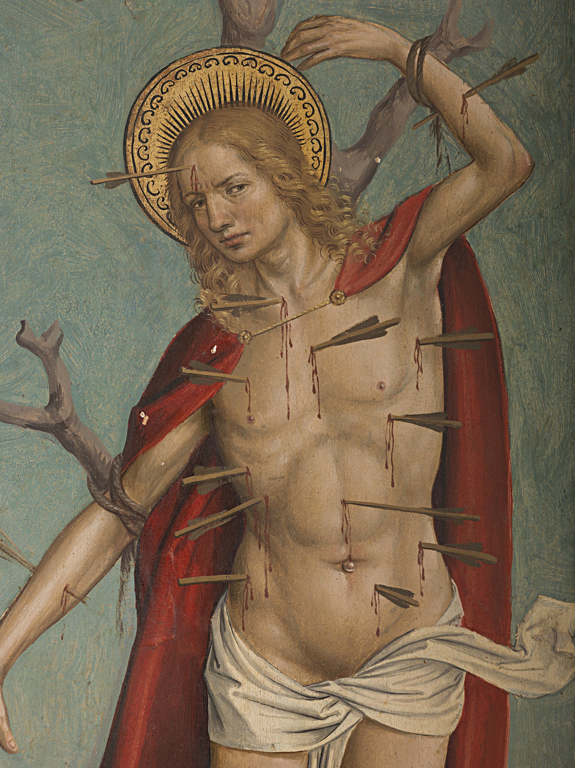 Majster z Okoličného: Oltár sv. Martina a sv. Mikuláša: Svätý Sebastian (detail). Smrečany, Kostol Očisťovania Panny Márie. 1510