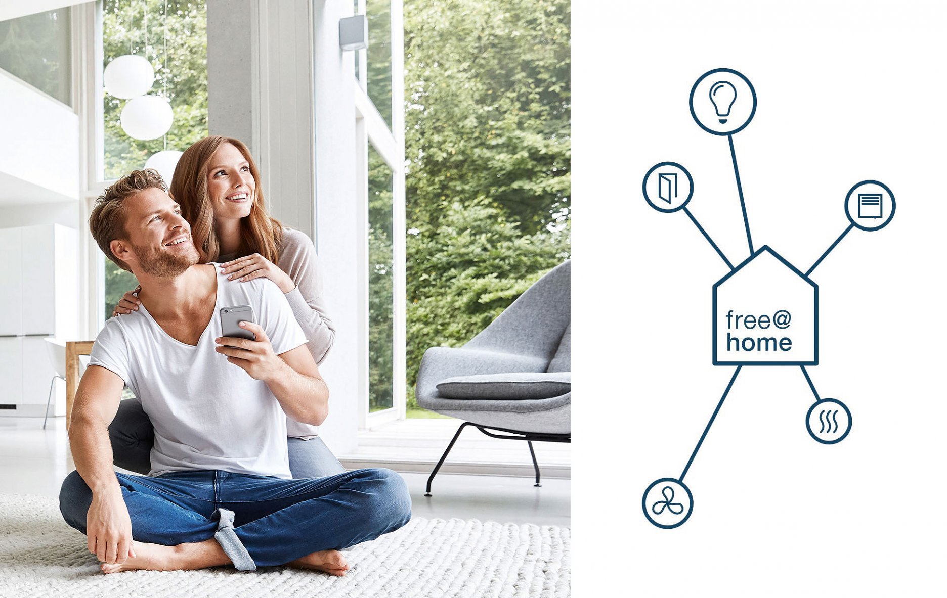 Aplikácia ABB	free@ home® umožňuje riadiť  svoj dom z	mobilu , žalúzie, osvetlenie, kúrenie, klimatizácia,	domový video telefón – to všetko umožňuje riadiť	ABB-free@home®