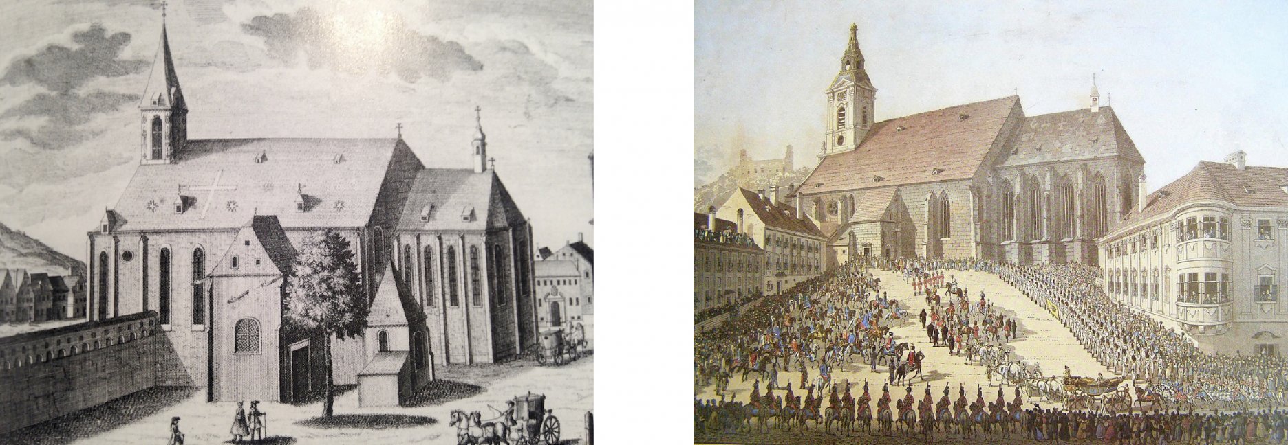 Rudnayovo námestie z r. 1735 (vľavo) a z r. 1825 z čias korunovácie Karolíny Augusty (vpravo)