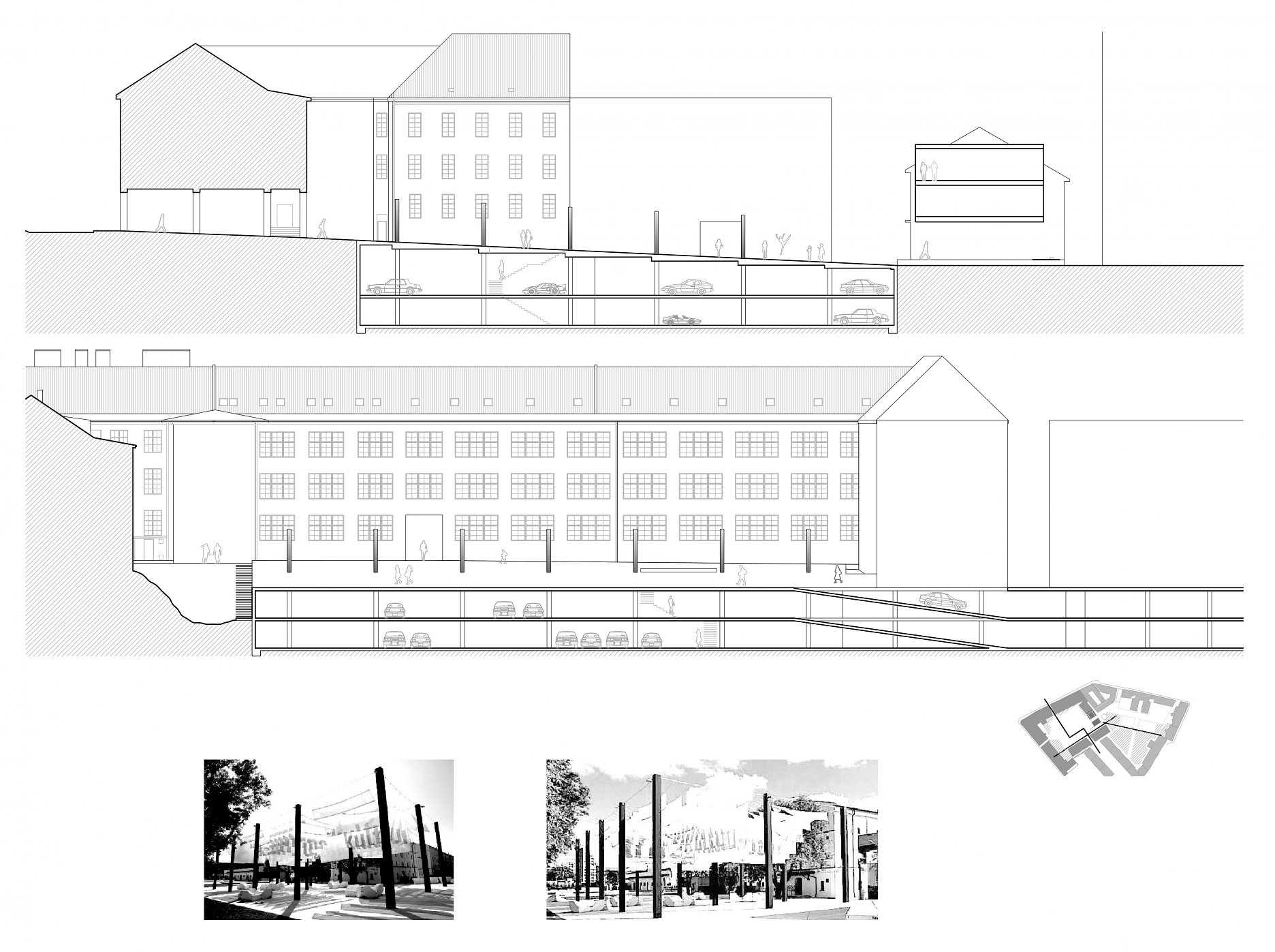 Urbanistický návrh - rez podzmenými garážami vo vnútrobloku