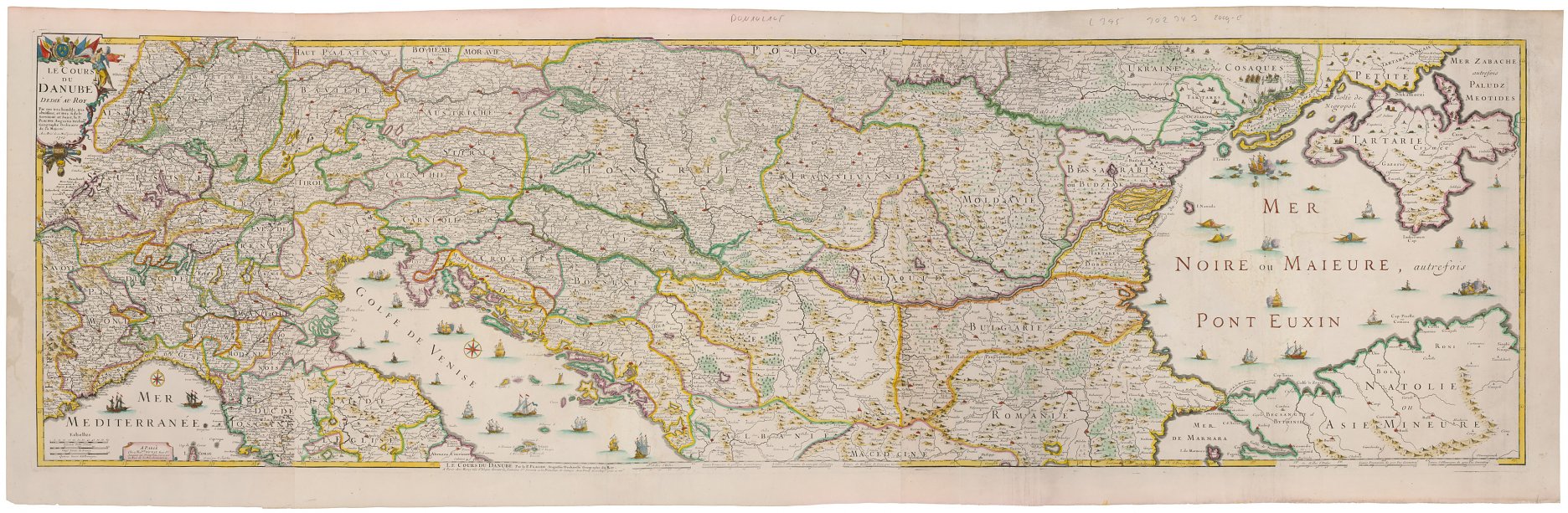 Neznámy grafik: Mapa povodia Dunaja. 1703, lept, kolorovanie; G 13762. SNG, Bratislava