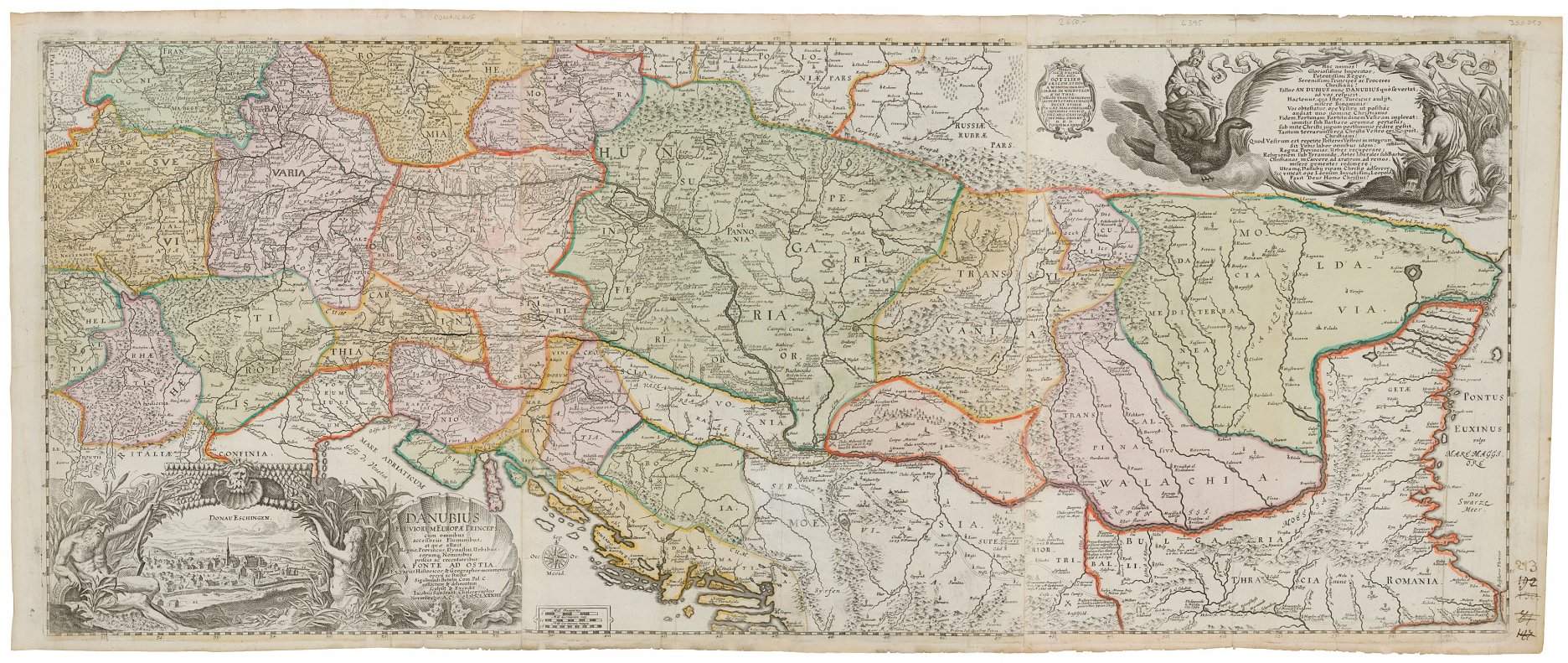 Sigmund von Birken (1626 – 1681) – Jacob von Sandrart (1630 – 1708): Mapa povodia Dunaja 1684, III. vydanie, lept, kolorovanie; G 13763. SNG, Bratislava