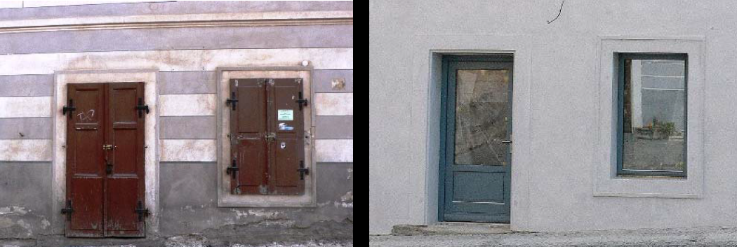Strata autenticity fasády domu na Kammerhofskej ul. č. 13. Odstránené barokové okenice a dvernice z parteru a nahradené novotvarmi bez detailu, navyše pôvodné kamenné armovanie okna v časti parapetu bolo odstránené. 