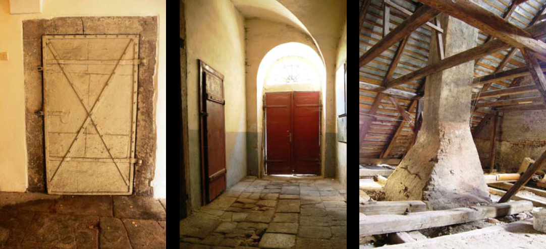 Autentické detaily kovových dverí v kamennom portáli, vstupného máshauzu a priestoru krovu  s komínom.