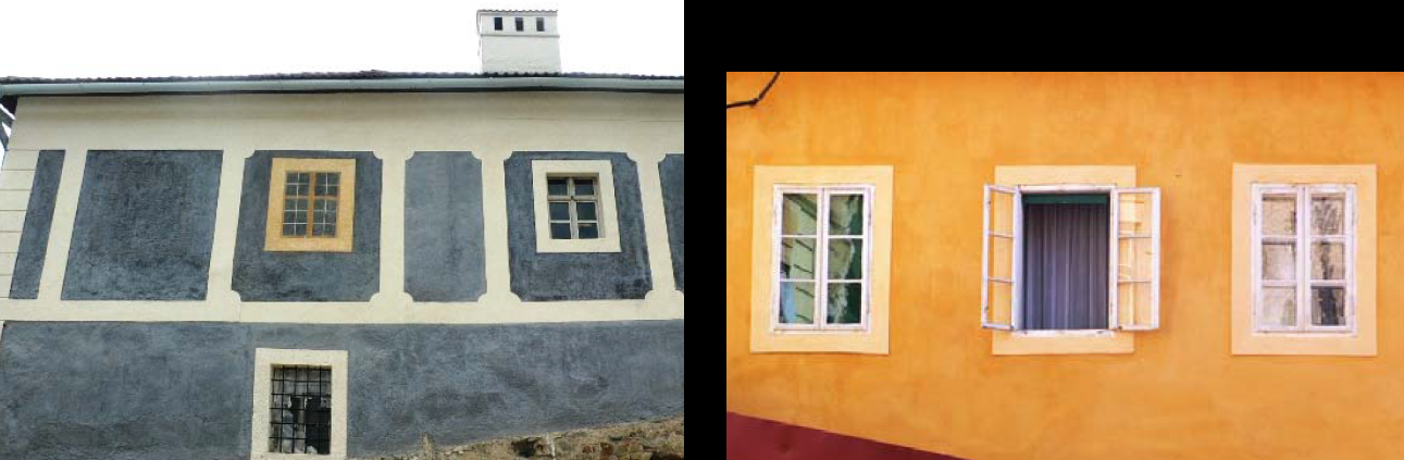 Príklad pamiatkových obnov fasád. Obrázok vľavo:  Starozámocká 5, obnovená baroková fasáda tradičnými vápennými materiálmi a technológiami, so zachovaním barokového okna na pravej strane a reštaurovaním iluzívneho barokového okna v strede fasády.  Obrázok vpravo: Palárika 3, obnova fasády a remeselná oprava pôvodných okien tradičnými technológiami.  