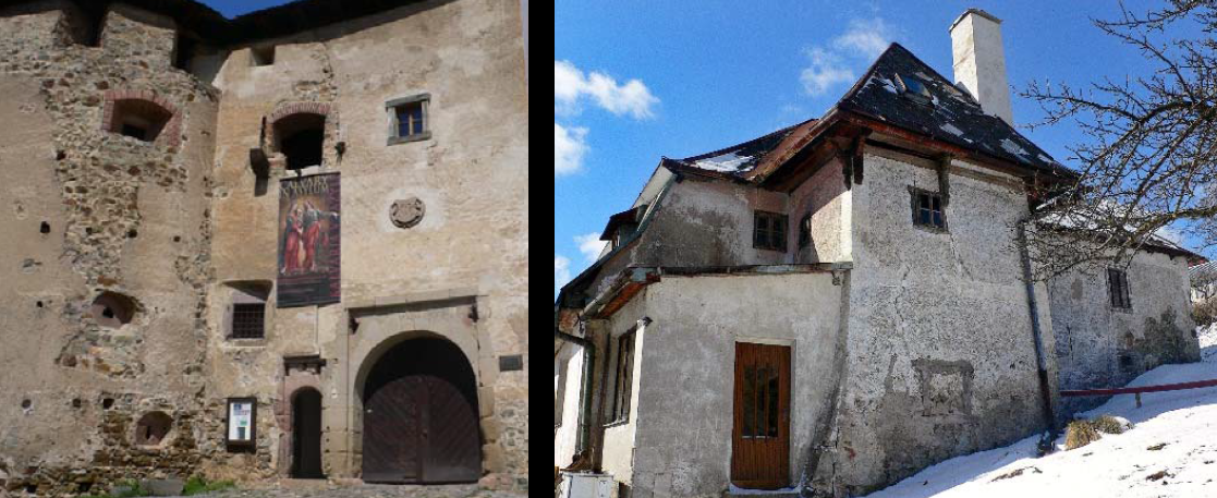 Vľavo: Starý zámok – konzervácia fasády. Vpravo:  Štiavnické Bane, autenticky zachovaná veža bývalého opevnenia.  