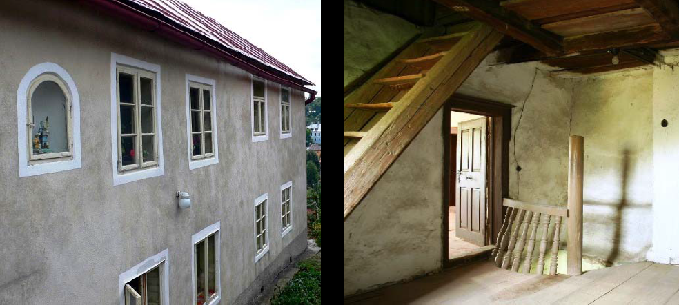 Vľavo: Autenticky zachovaná fasáda, dokumentujúca vývoj domu na Hornej ružovej ul.  Vpravo:  Štiavnické Bane, bývalá lekáreň – interiér.  