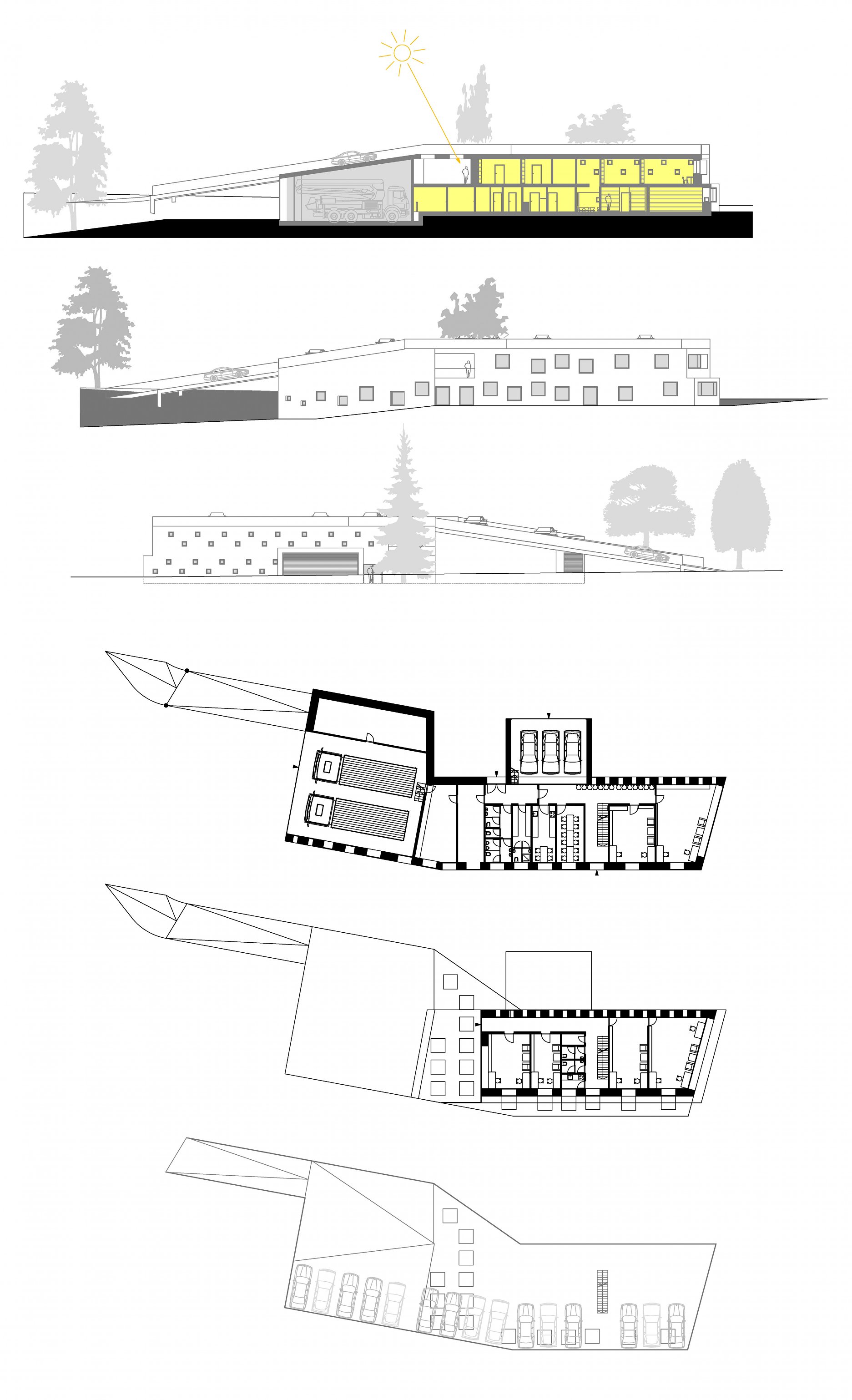 Zhora: pozdĺžny rez, pohľady J,S, Pôdorysy 1,2. NP a strechy