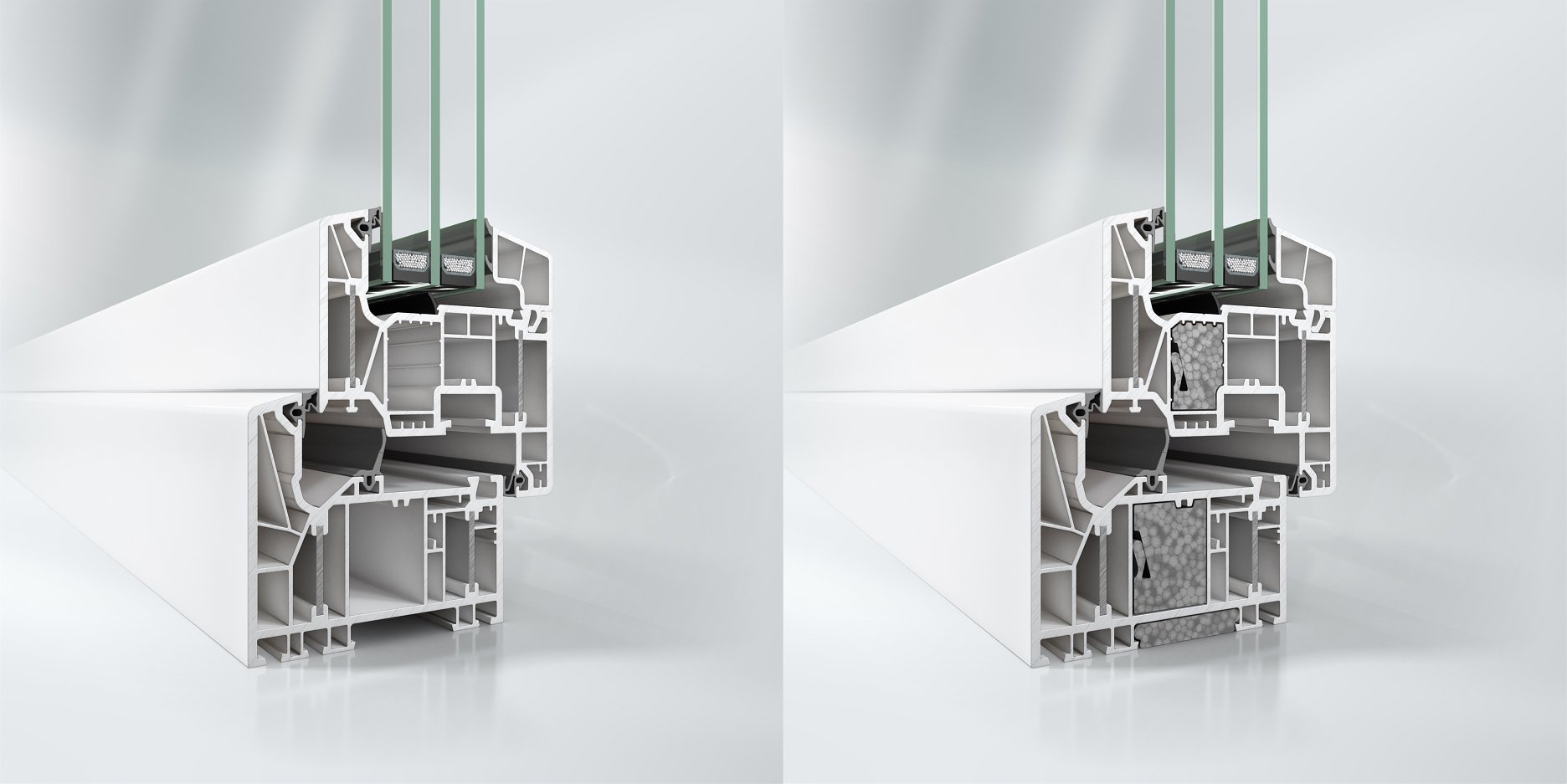 Nový okenný systém Schüco LivIng Alu Inside s patentovanou technológiou hliníkovej výstuhy. Vpravo je riešenie s certifikáciou od Inštitútu pre pasívne domy (Passive House Institut). 