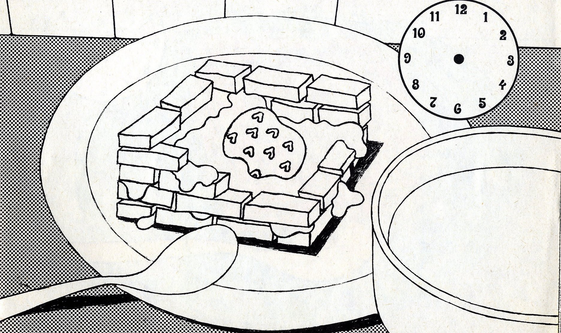 Ilustrácia Dezidera Tótha k omaľovánke: Dezider Tóth: Ako sa robí zamurovaná jahoda. Bratislava: Mladé letá 1985