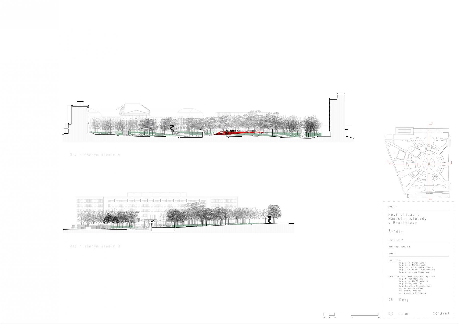 Rezy priestorom námestia - viditeľné je doplnenie výsadby stromov v priestore okolo fontány