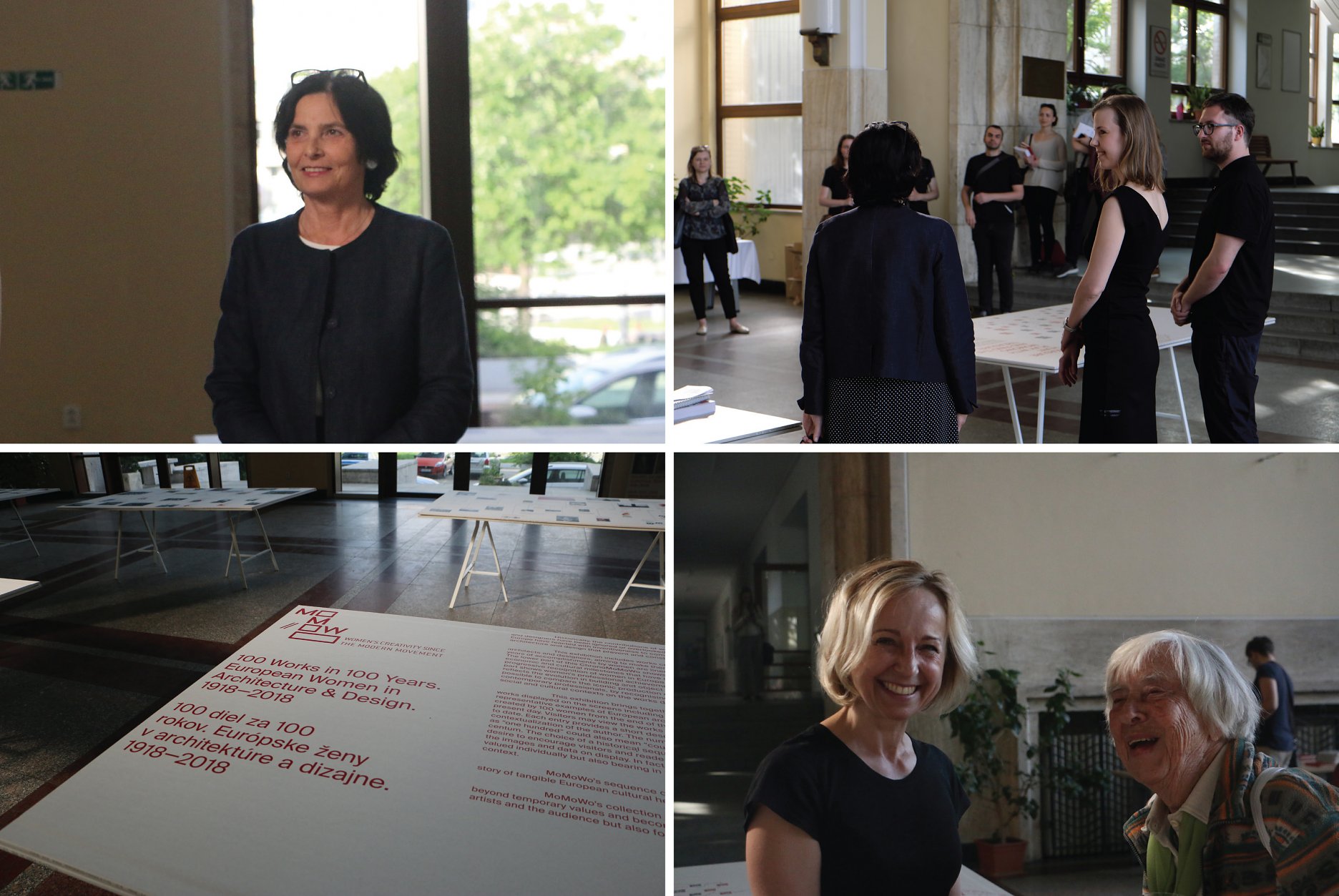Slávnostné otvorenie putovnej výstavy MoMoWo prebehlo v utorok 24. apríla 2018 na Fakulte architektúry STU v Bratislave za prítomnosti dekanky fakulty Ľubice Vitkovej (hore vľavo), Niny Bartošovej zo slovenského tímu projektu MoMoWo a architekta Michala Janáka (hore vpravo). Otvorenia sa zúčastnila aj profesorka Henrieta Moravčíková z vedeckého výboru MoMoWo (vľavo dole, v diskusii s architektkou Štefániou Krumlovou, jednou z prvých slovenských absolventiek architektúry).