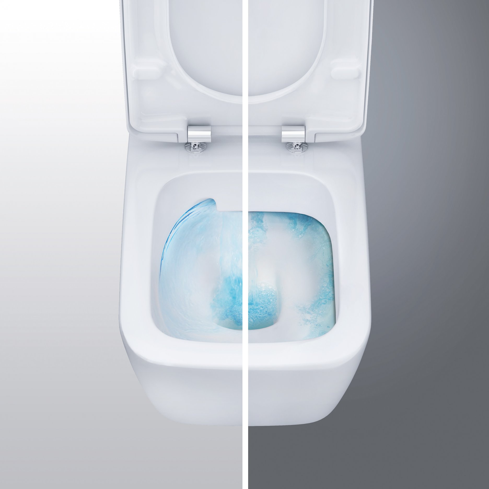 Porovnanie toalety Rimfree bez splachovacieho kruhu a tradičnej toalety so splachovacím kruhom.
