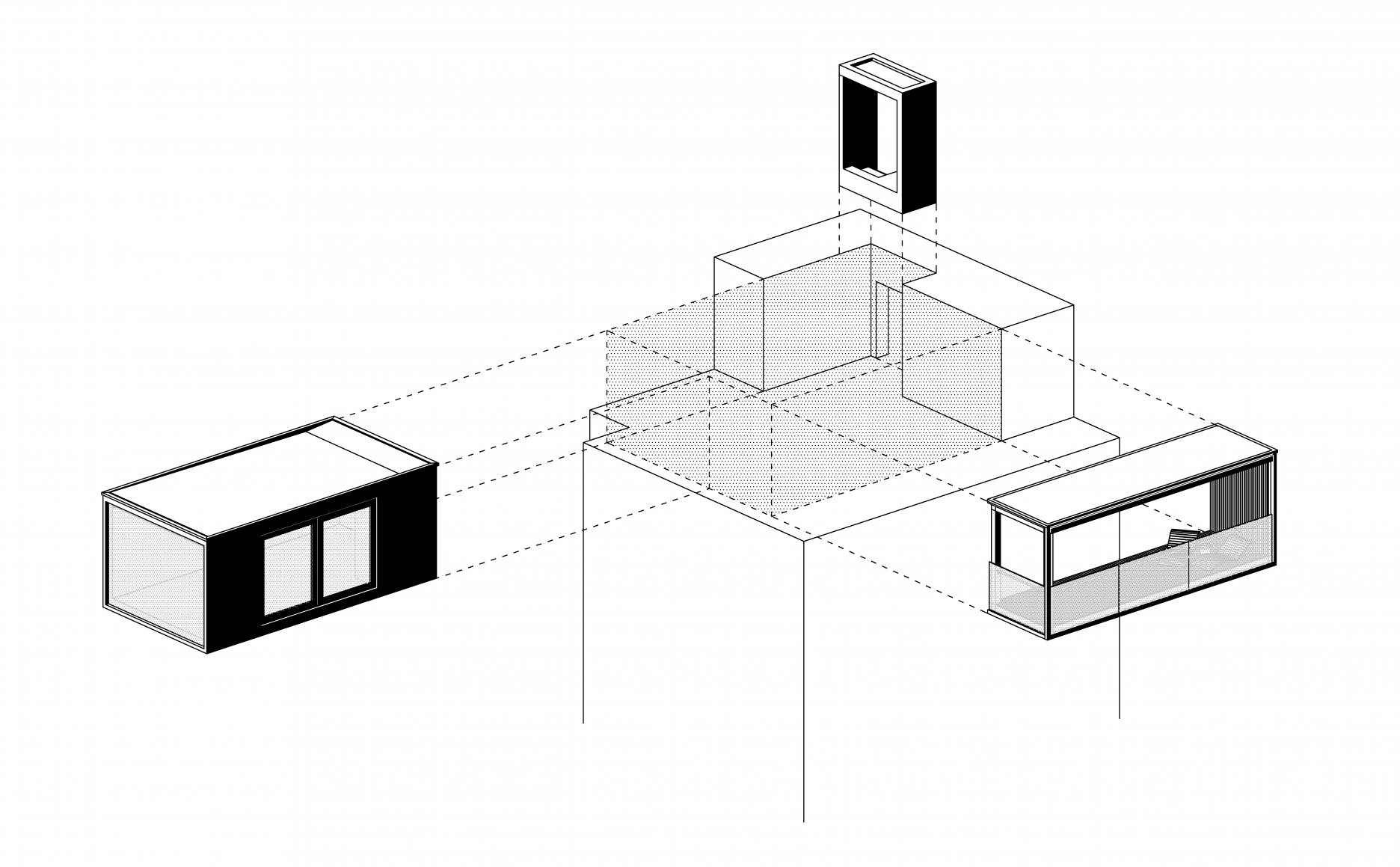 Priestorová schéma bratislavského "spaceboxu" zloženého z troch modulov