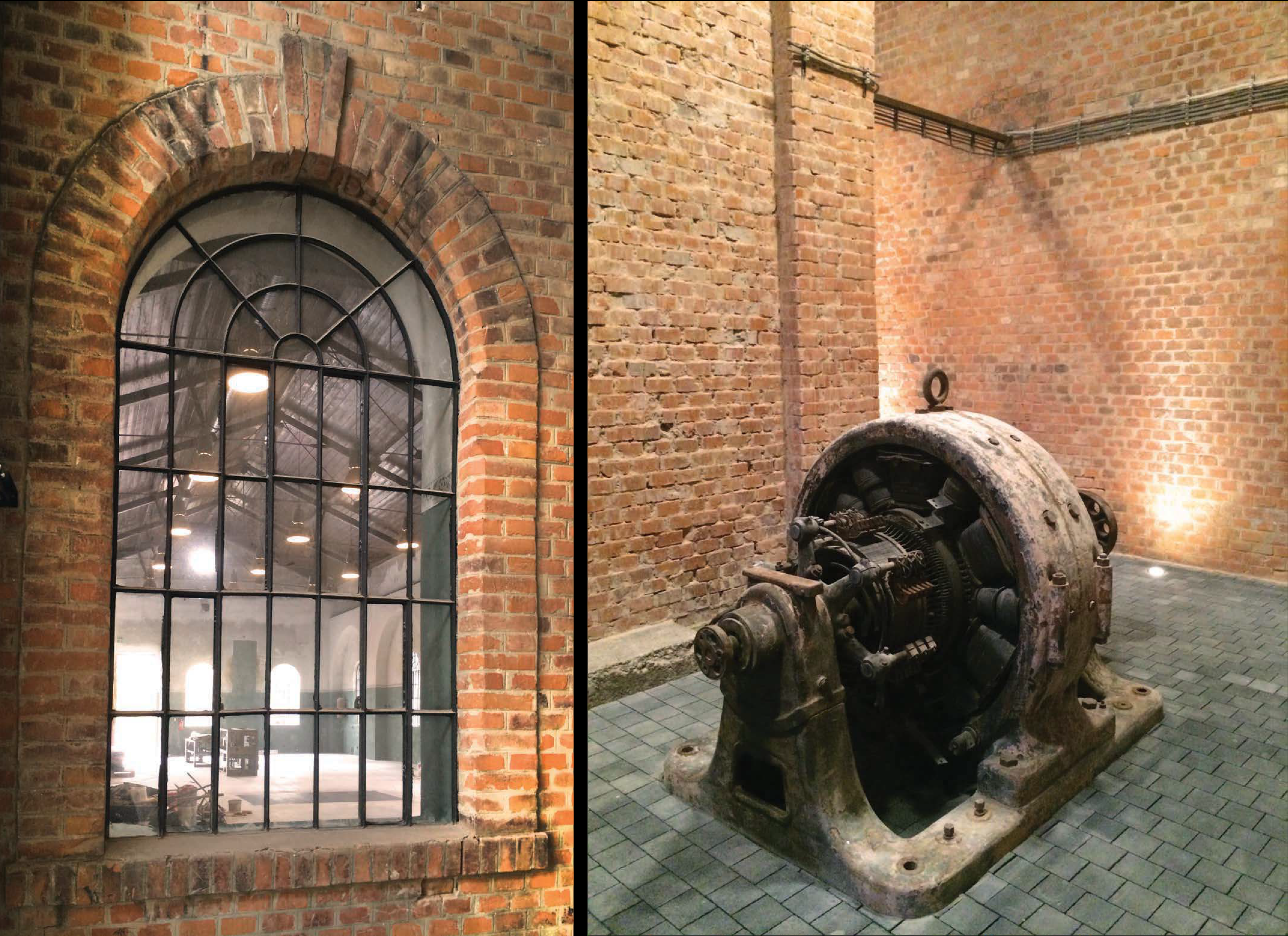 Vpravo: okno do haly strojovne, vľavo: zachovaný generátor ako výstavný exponát.