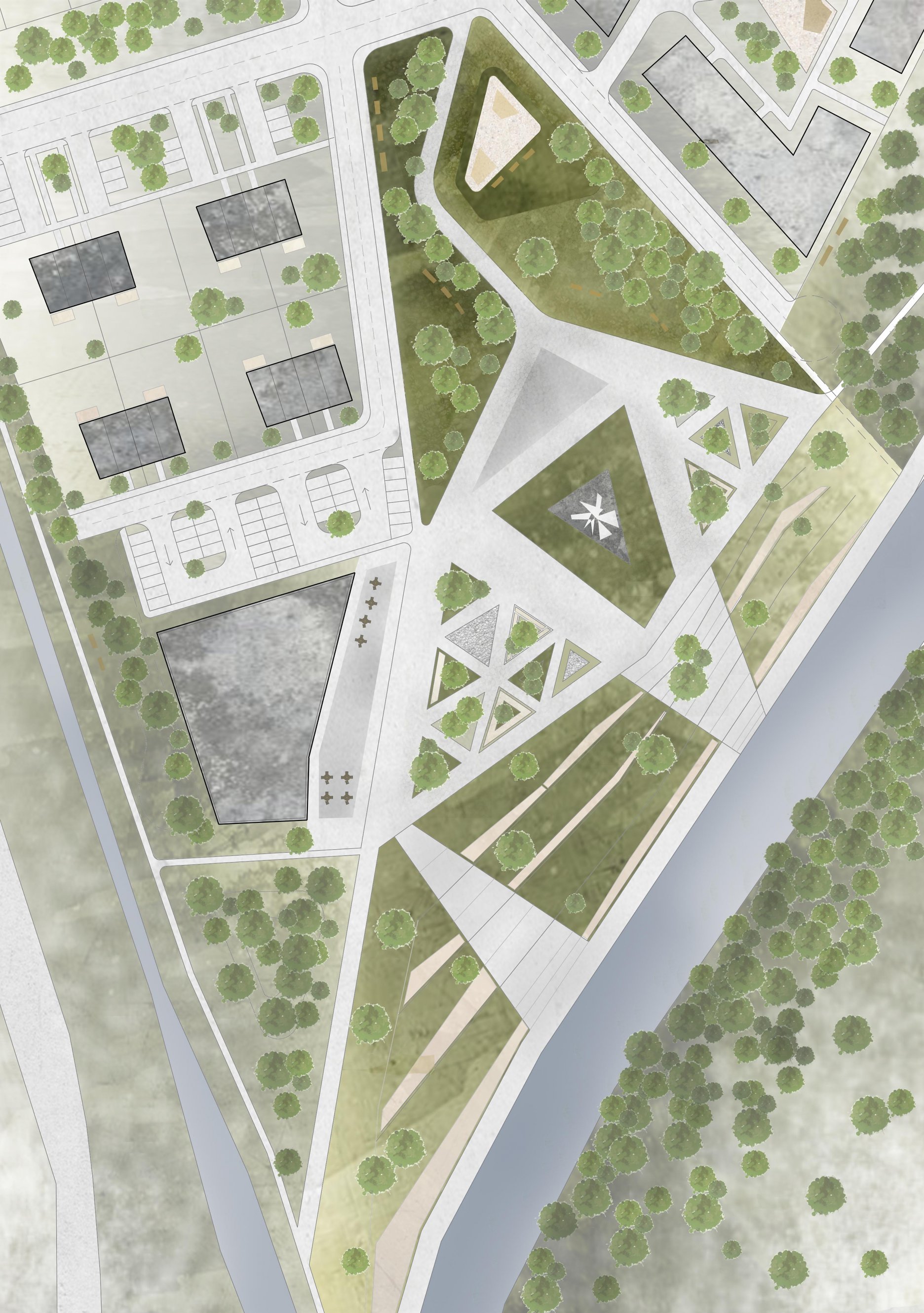 V južnej časti riešeného územia vytvárame relaxačno - oddychovú zónu s príjemným prostredím sútoku riek Nitra a Chotina. V tejto časti sa nachádza občianska vybavenosť, s výrazným verejným charakterom a otvoreným parterom s vybavovaním občianskej agendy priamo z námestia. Kľudovú zónu so zeleňou sme podporili kaskádovitým odstupňovaním spevnených plôch umožňujúcim stretávanie sa ľudí, diskusii na kaskádach. 