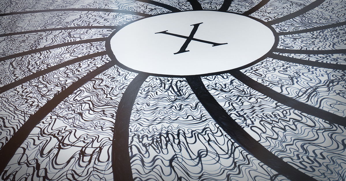 Matej Kaminský: X shows the place of the treasure, ceruzka, centrofix, pero na PVC doske, 100 x 200 cm, 2016-2018