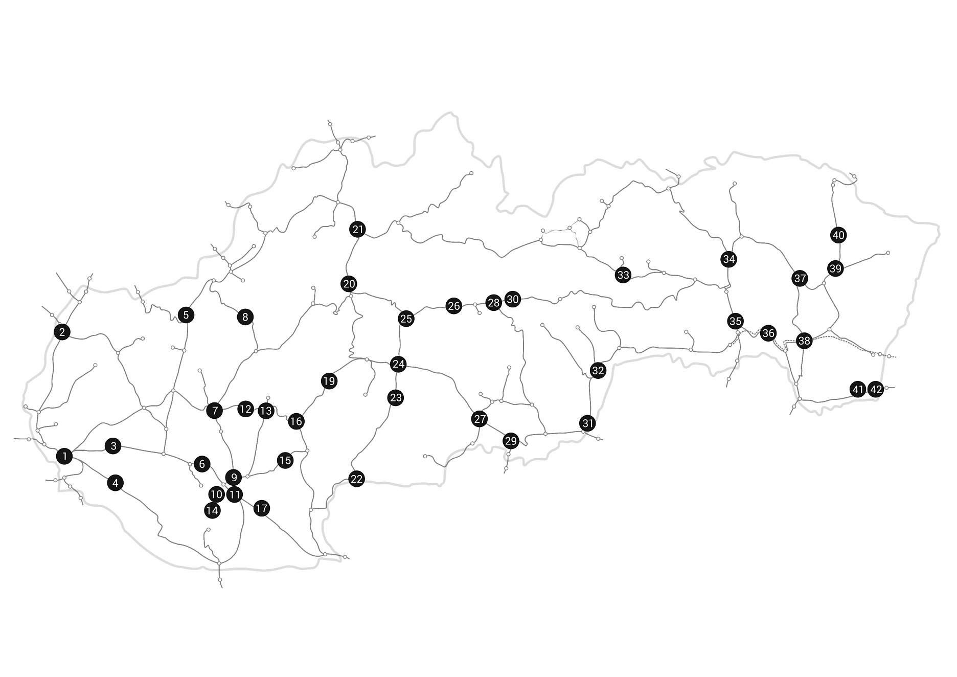 Mapa: Železničné vežové vodojemy v rámci Slovenska