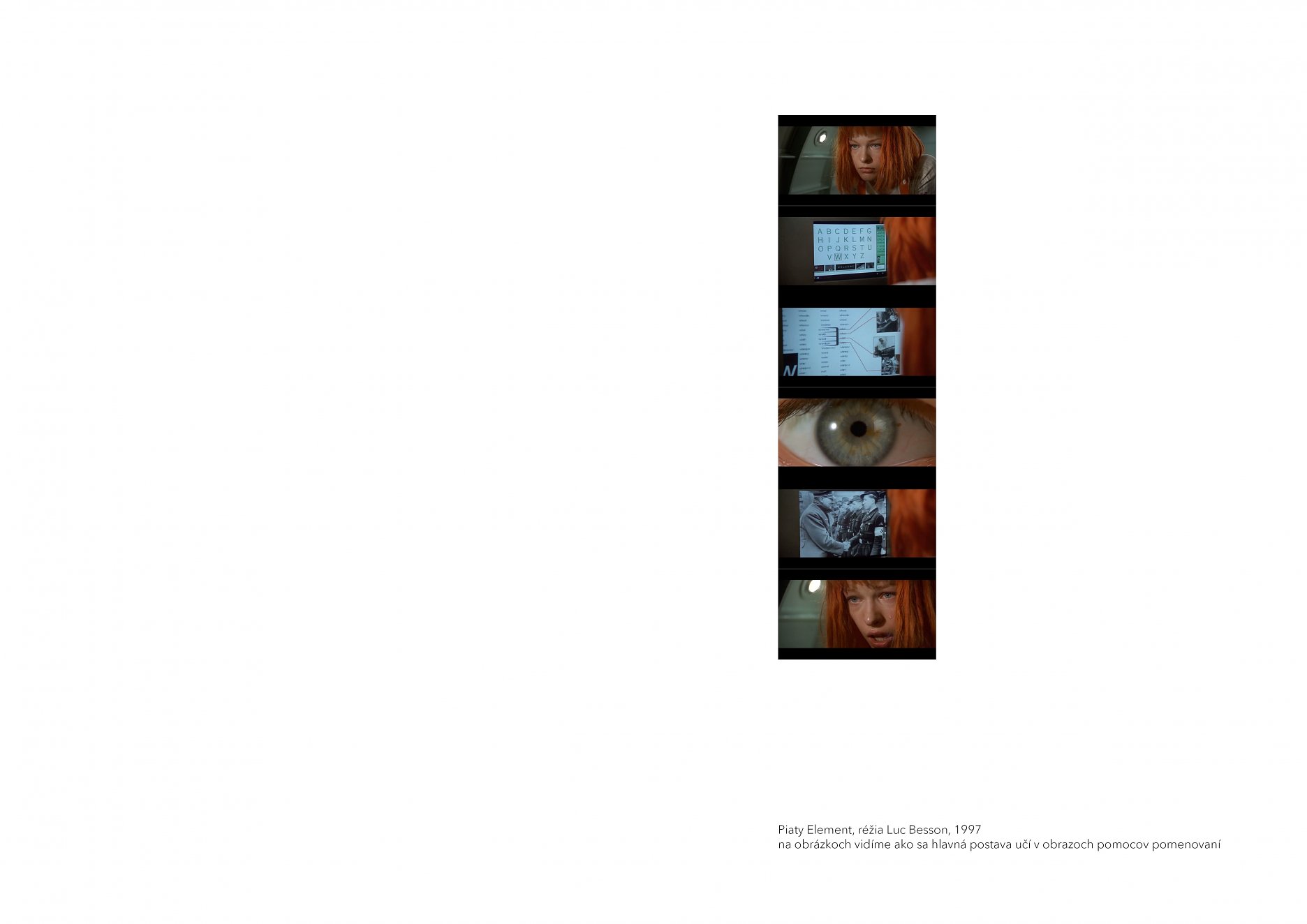 Piaty Element, réžia Luc Besson, 1997 na obrázkoch vidíme ako sa hlavná postava učí v obrazoch pomocou pomenovaní