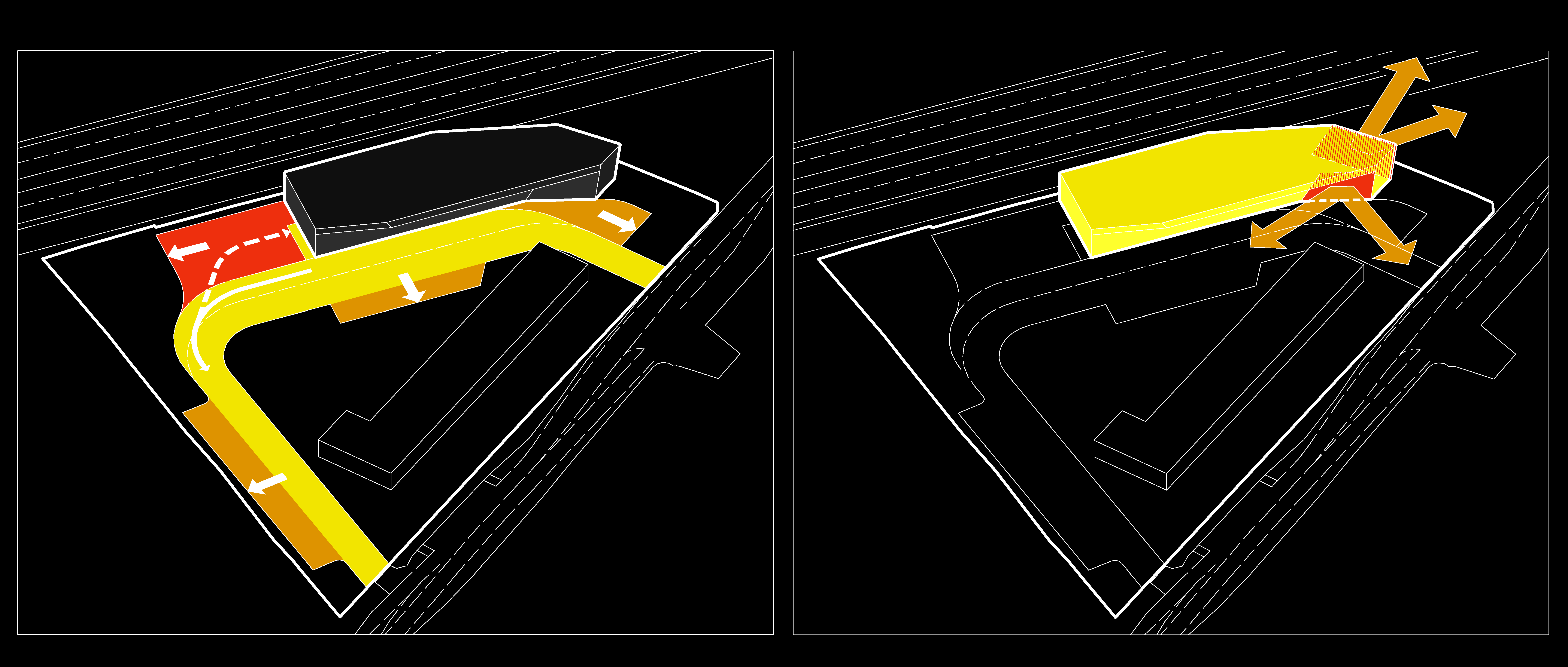 Vľavo: dispozícia objektu je logicky naviazaná na obslužné a parkovacie plochy areálu vpravo: presklené steny, žánrová atmosféra diaľnice v hale, kontrola areálu z kancelárií.