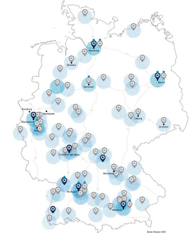 Mapa rozmiestnenia siete čerpacích staníc pre vodík ako palivo v Nemecku v roku 2018