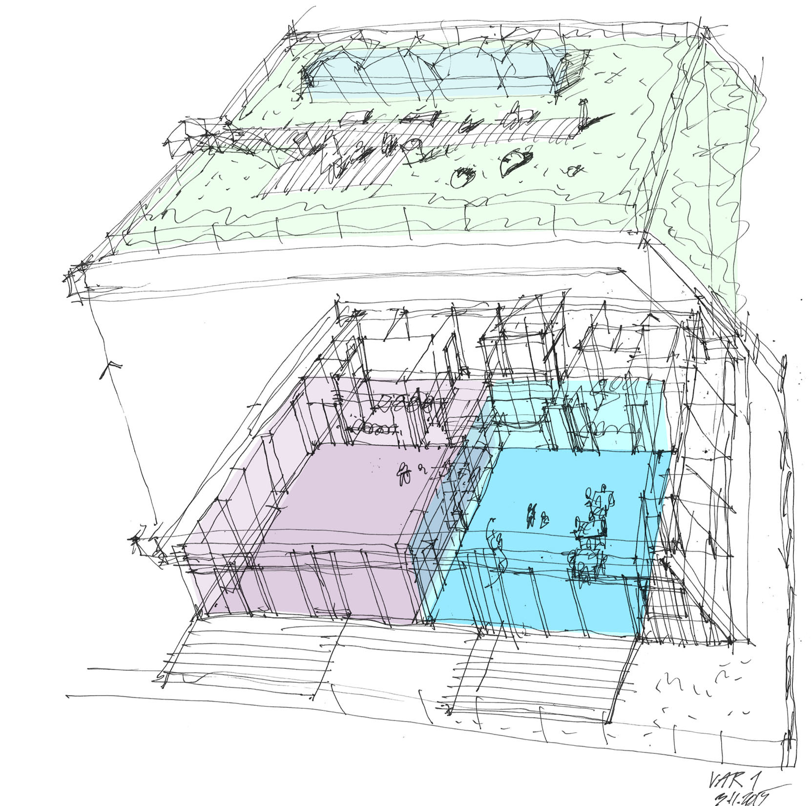 PRVOTNÍ SKICA Z PRVOTNÍ VARIANTNÍ STUDIE 