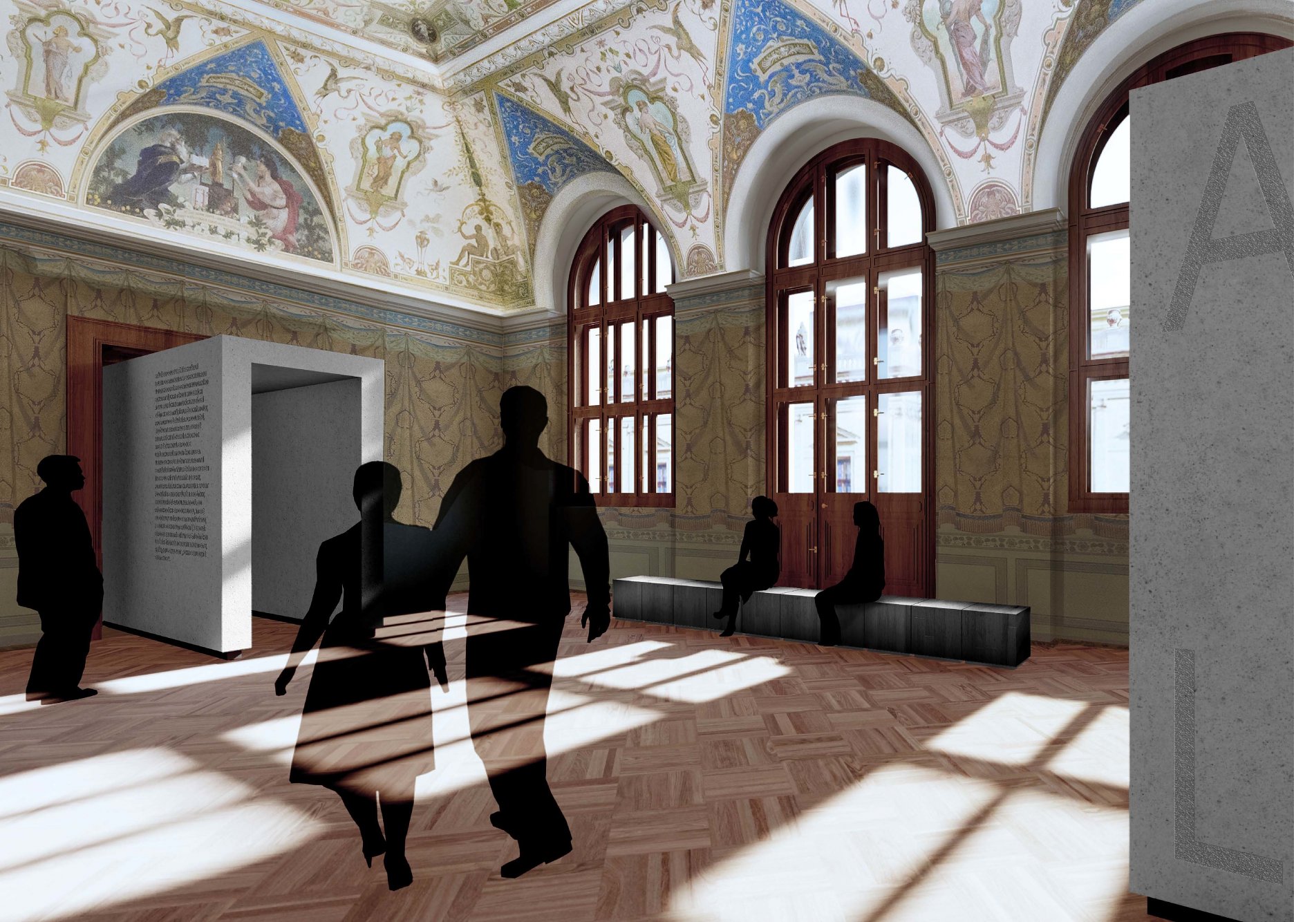 Ďakovná sála, nové vstupné portály pozývajú návštevníkov do vstavaného pavilónu stálej zbierky, sála slúži ako odpočinková zóna a meeting point