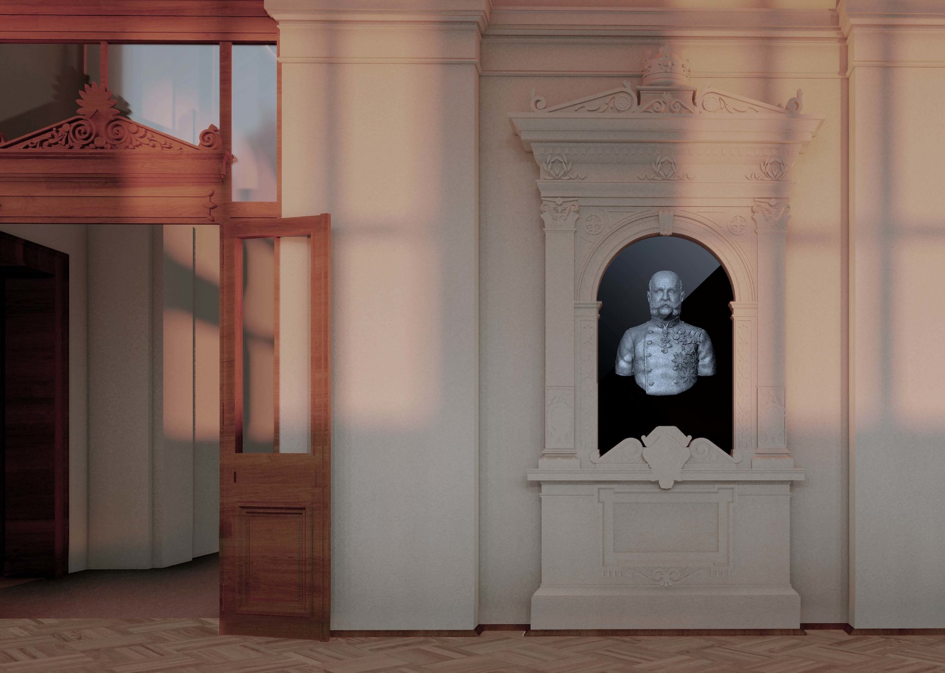 Busty zakladateľov UPM sa v ďakovnej sále premietajú formou 3D modelov mramorových búst (3D scan) na digitálnej obrazovke