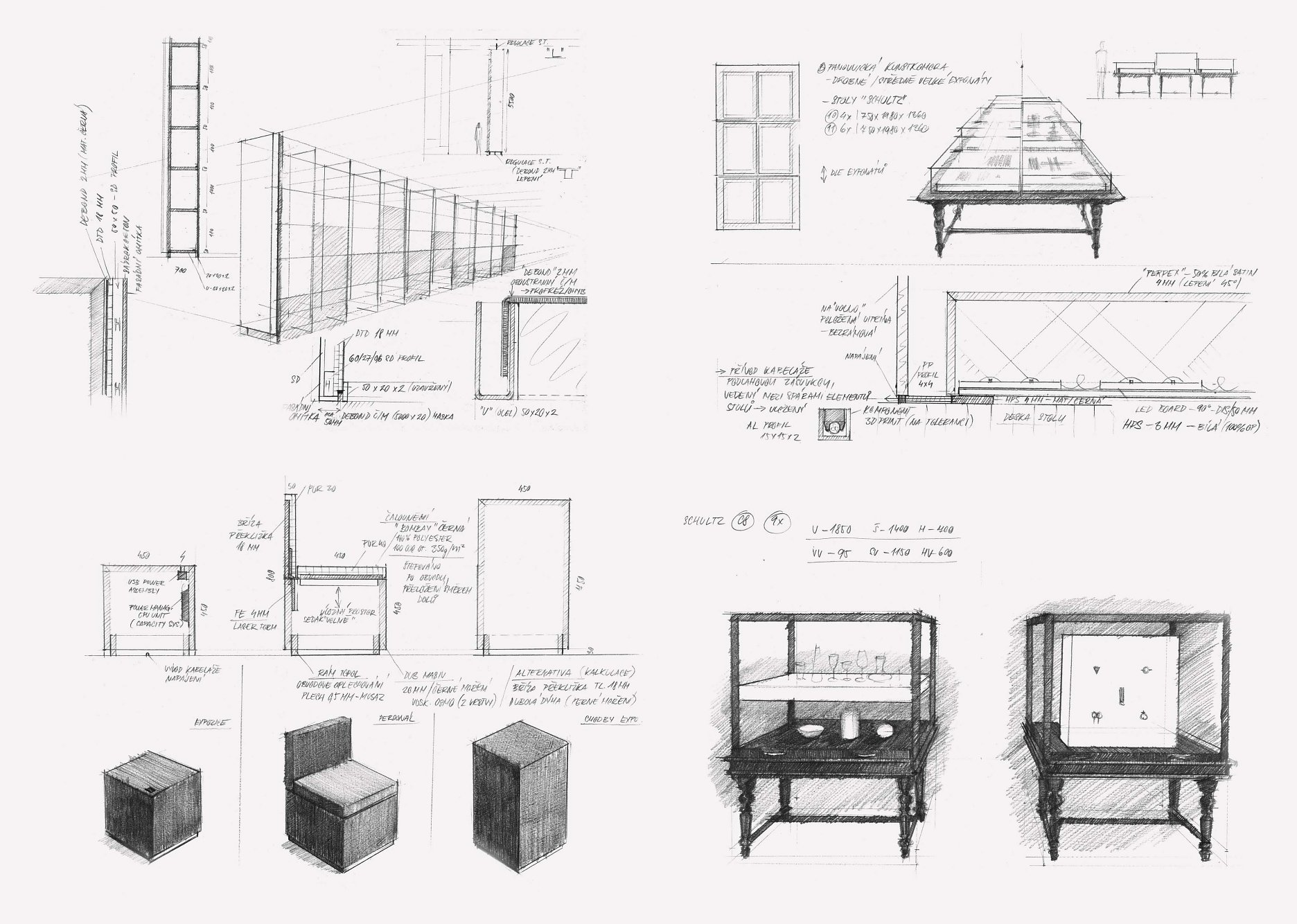 Skica mobiliáru – variabilní regálový systém, historické vitríny doplnené o moderné svetelné prvky, návrh sedenia