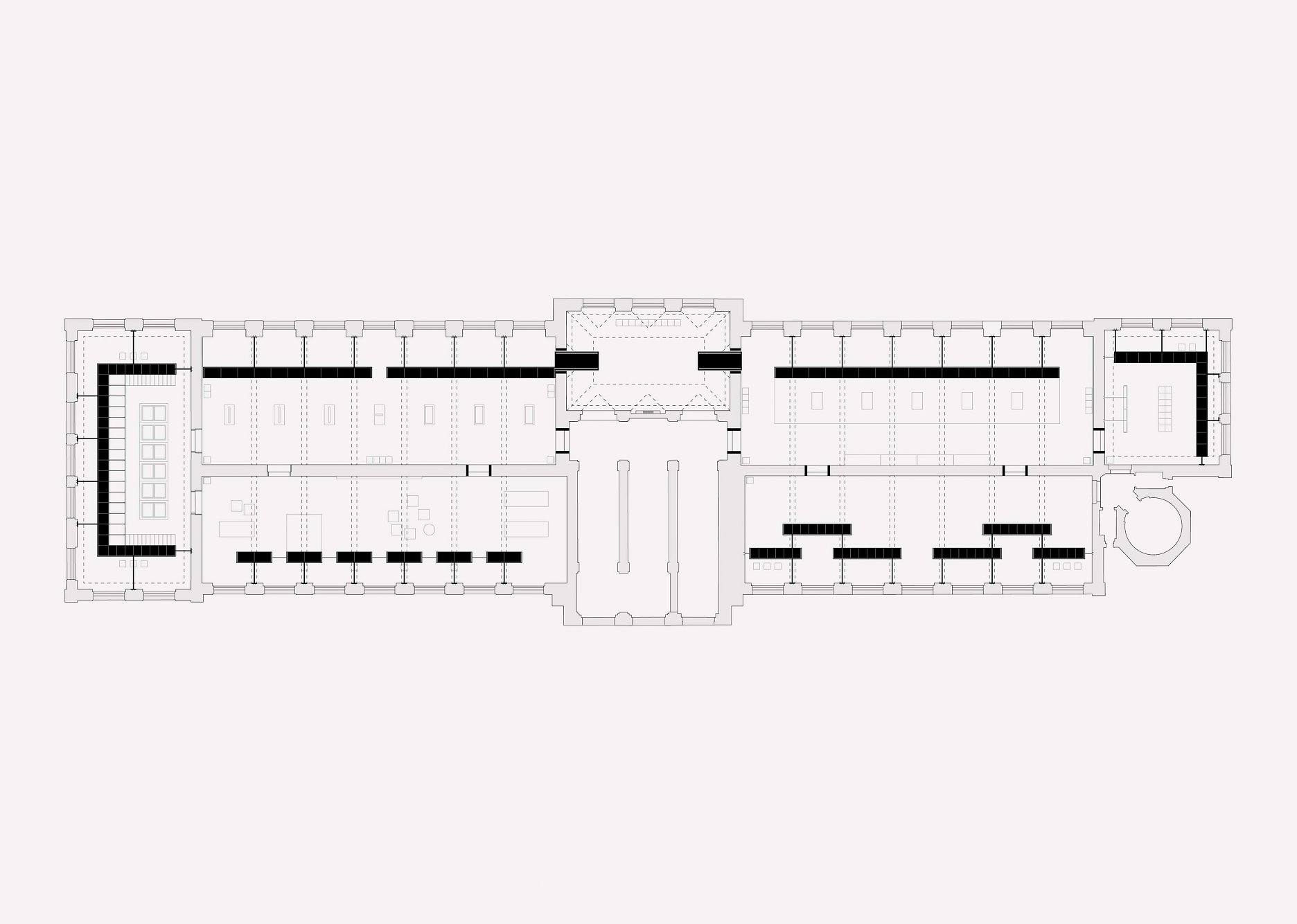 Schéma pavilónu vo vnútri budovy, čiernym vyznačená modulárna obvodová stena