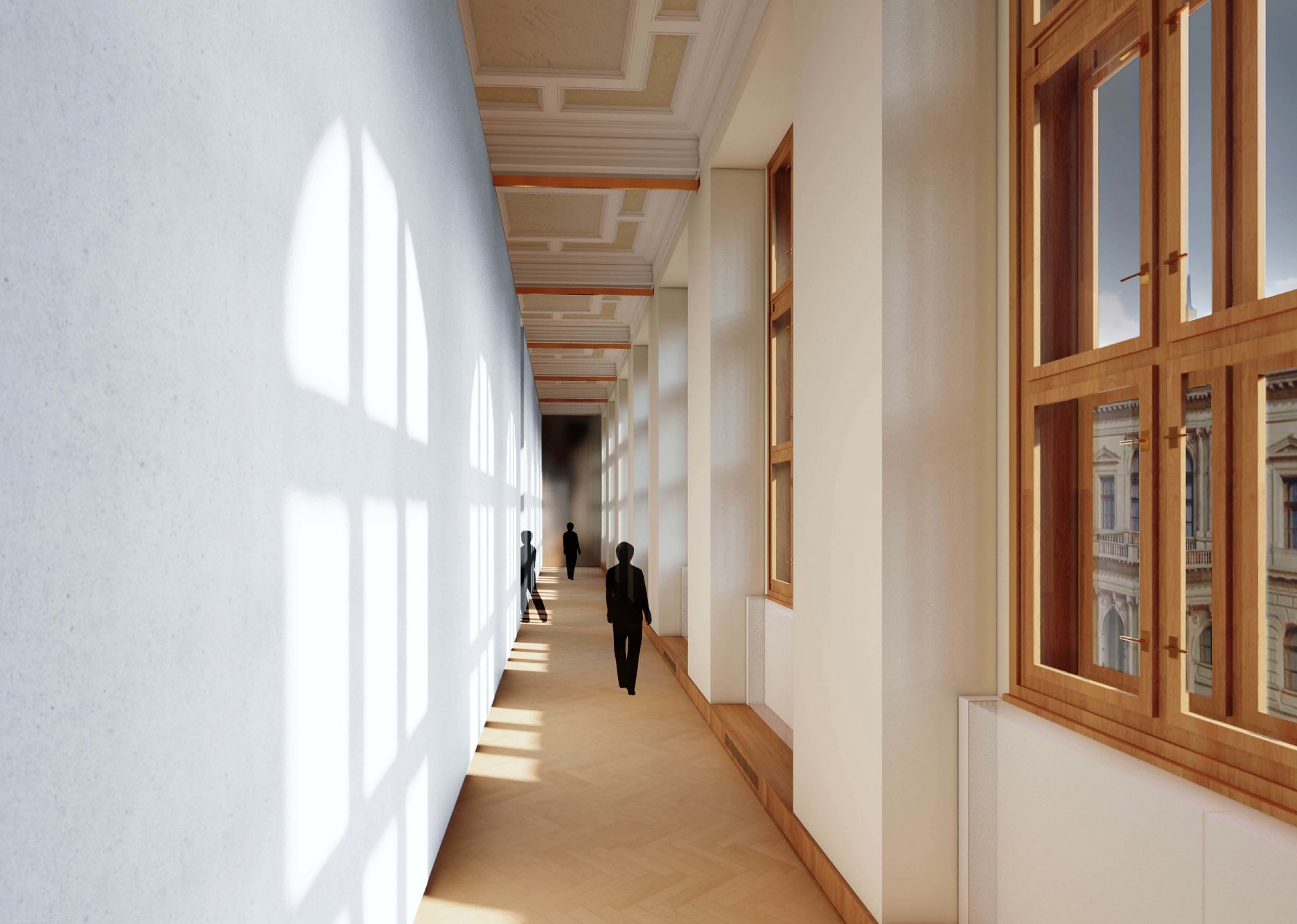 Pohľad do chodby medzi vstavaným pavilónom a plášťom budovy. Nezakryté okná, výhľad sa tak stáva exponátom stálej zbierky