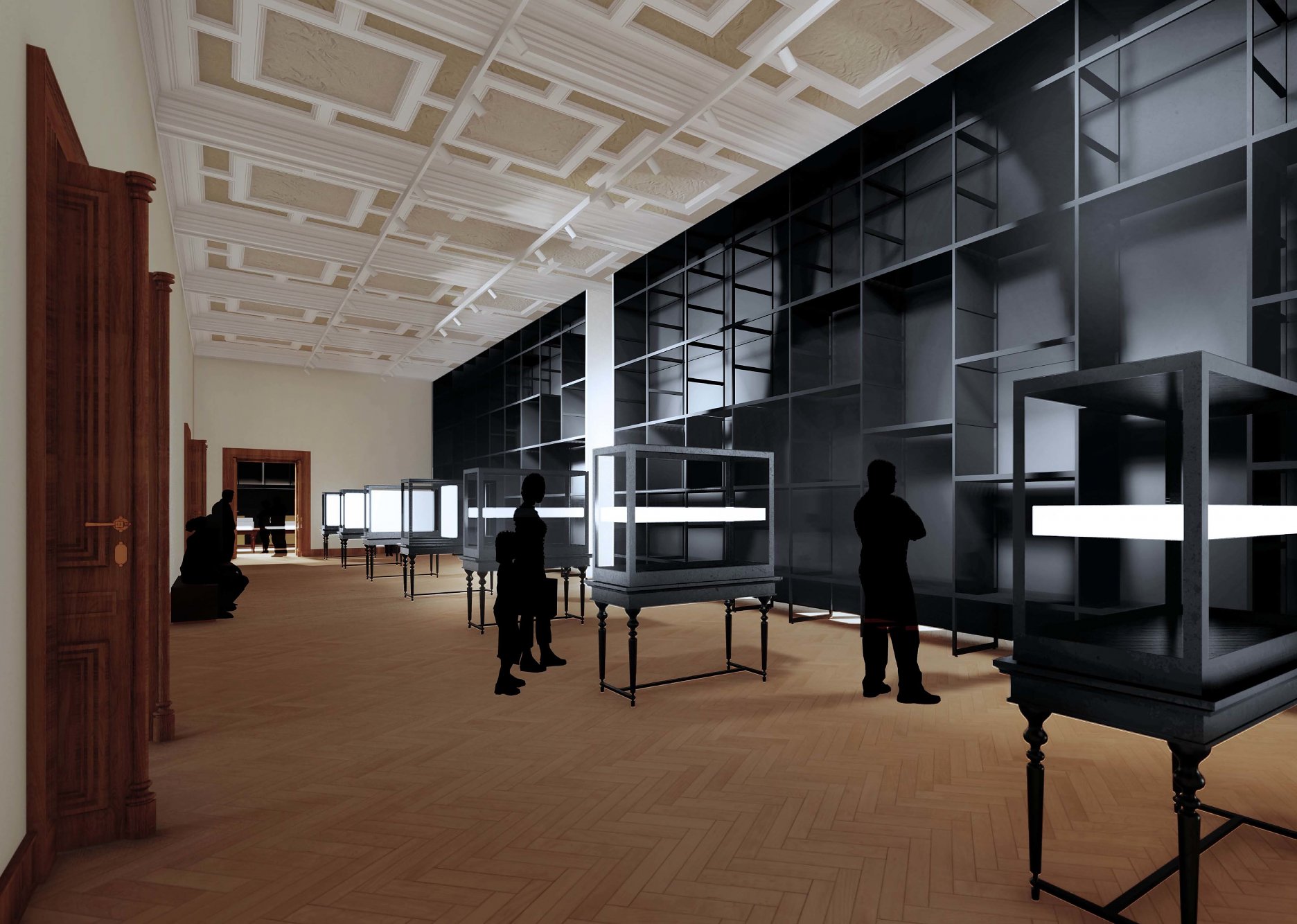 Po celom vnútornom obvode pavilónu vzniká depozitár z modulárneho výstavného systému (výška 5,5m), v popredí propájame Schulzovy vitríny so svetelnými boxami