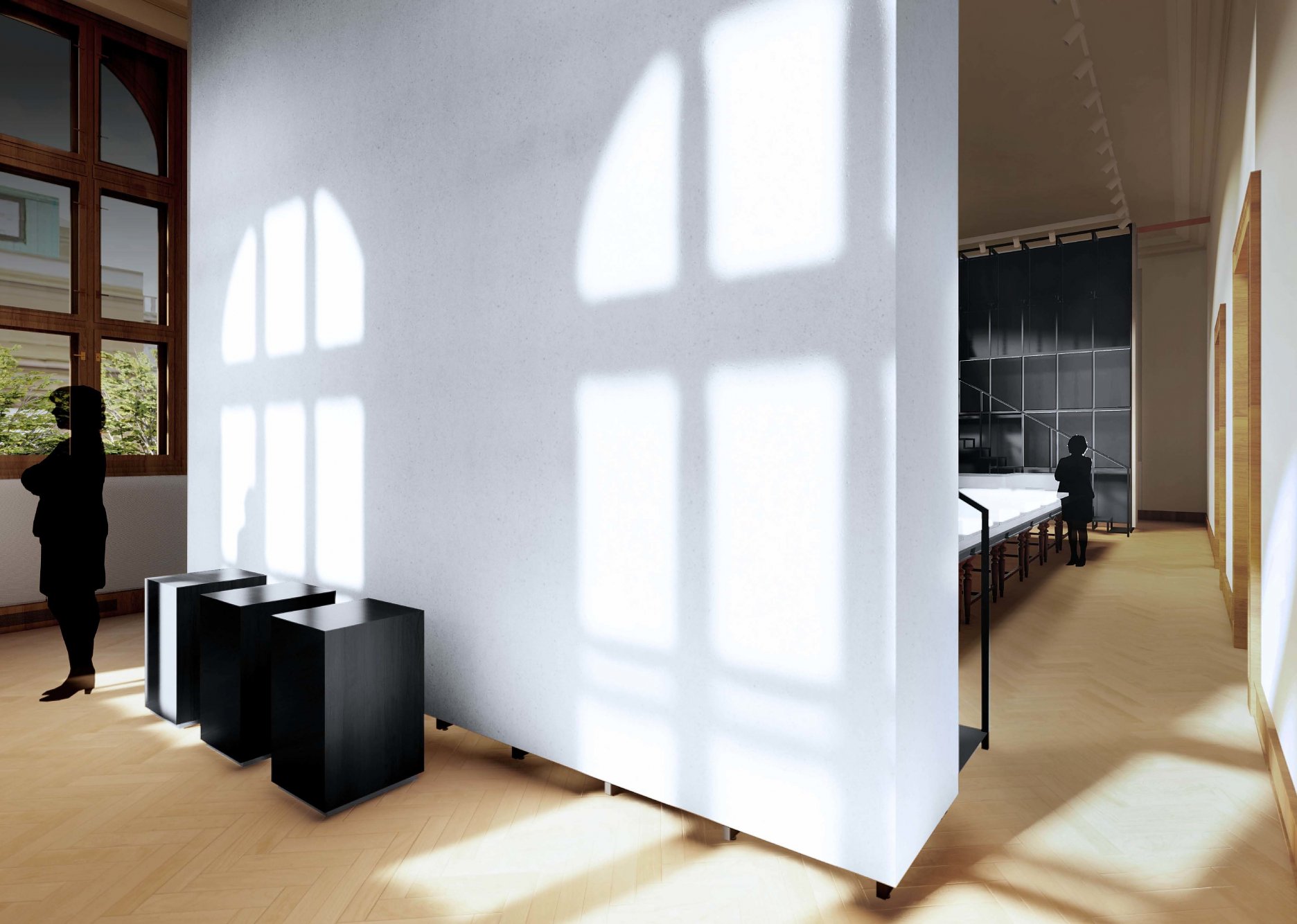 Konštrukciou pavilónu definujeme dve zóny skrz celé podlažie stálej zbierky. Výstavná (vnútorná) a odpočinková (vonkajšia