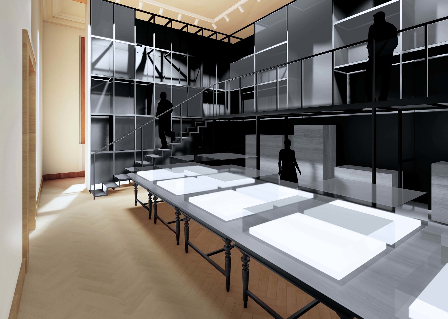 Časť pavilónu s ochodzou, variabilný výstavný systém, umožňujúci rôzne možnosti inštalácie, v popredí svetelné panely a súčasné zasklenie na historických stoloch