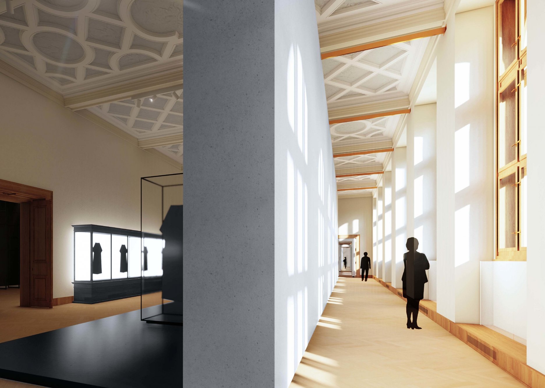 Pohľad do expozície módy, v pravej časti vizualizácie sú patrné priehľady skrz celú budovu