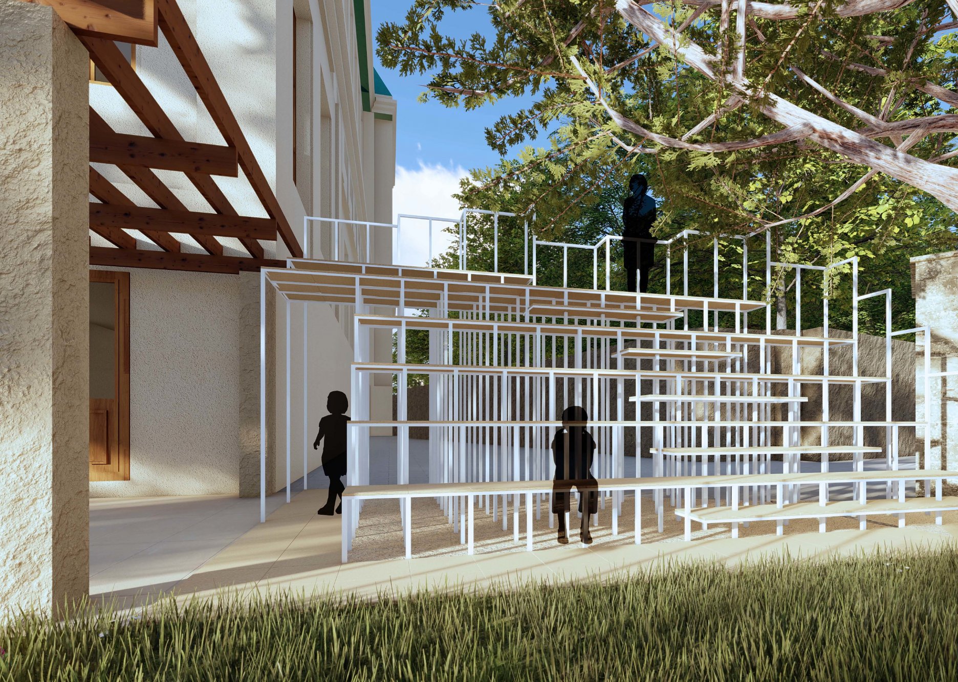 Tribúna v záhrade inšpiruje návštevníkov k voľnému tráveniu času