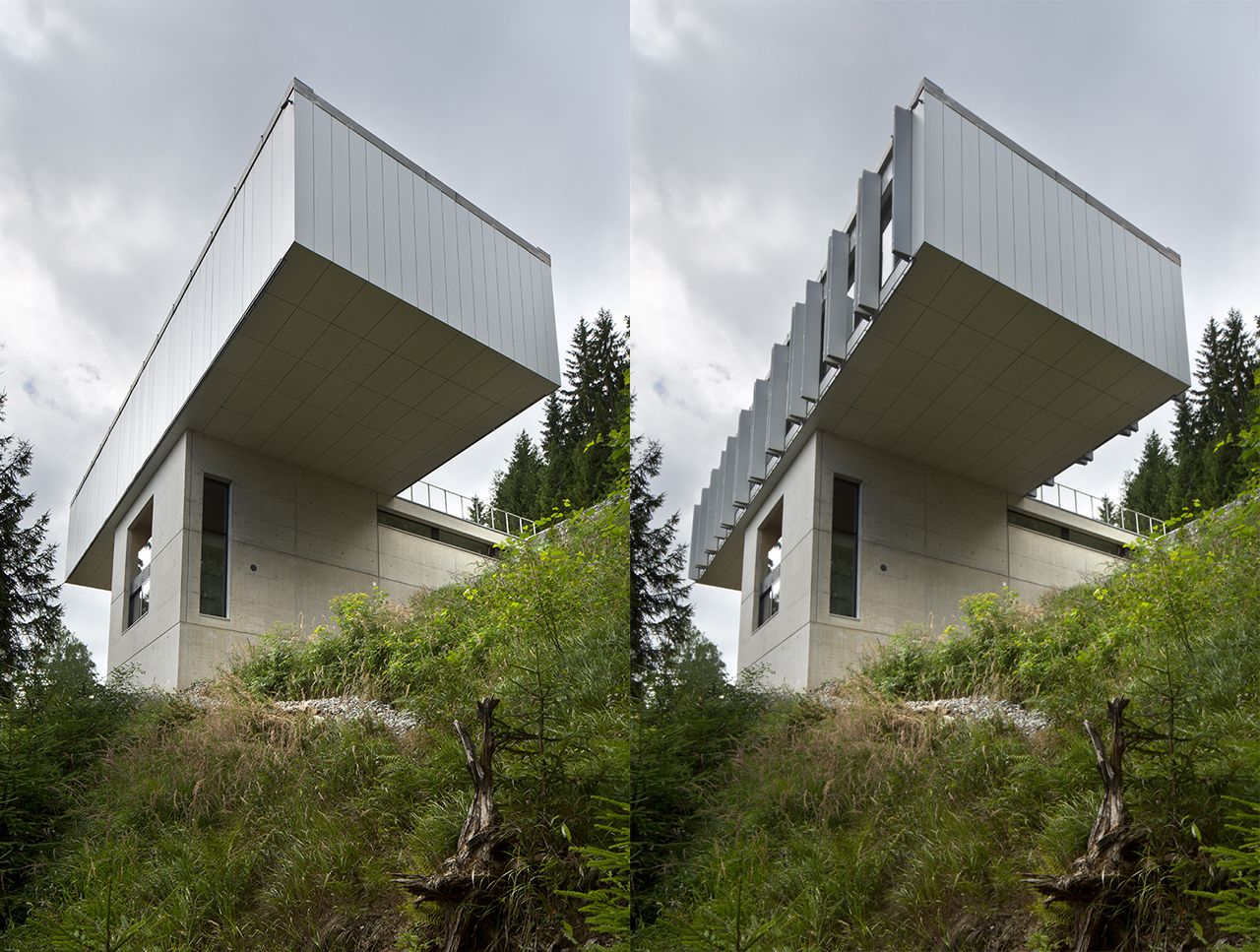 Pohľad zo severu: stavbu je možné po celom obvode uzavrieť pomocou zvislých lamiel