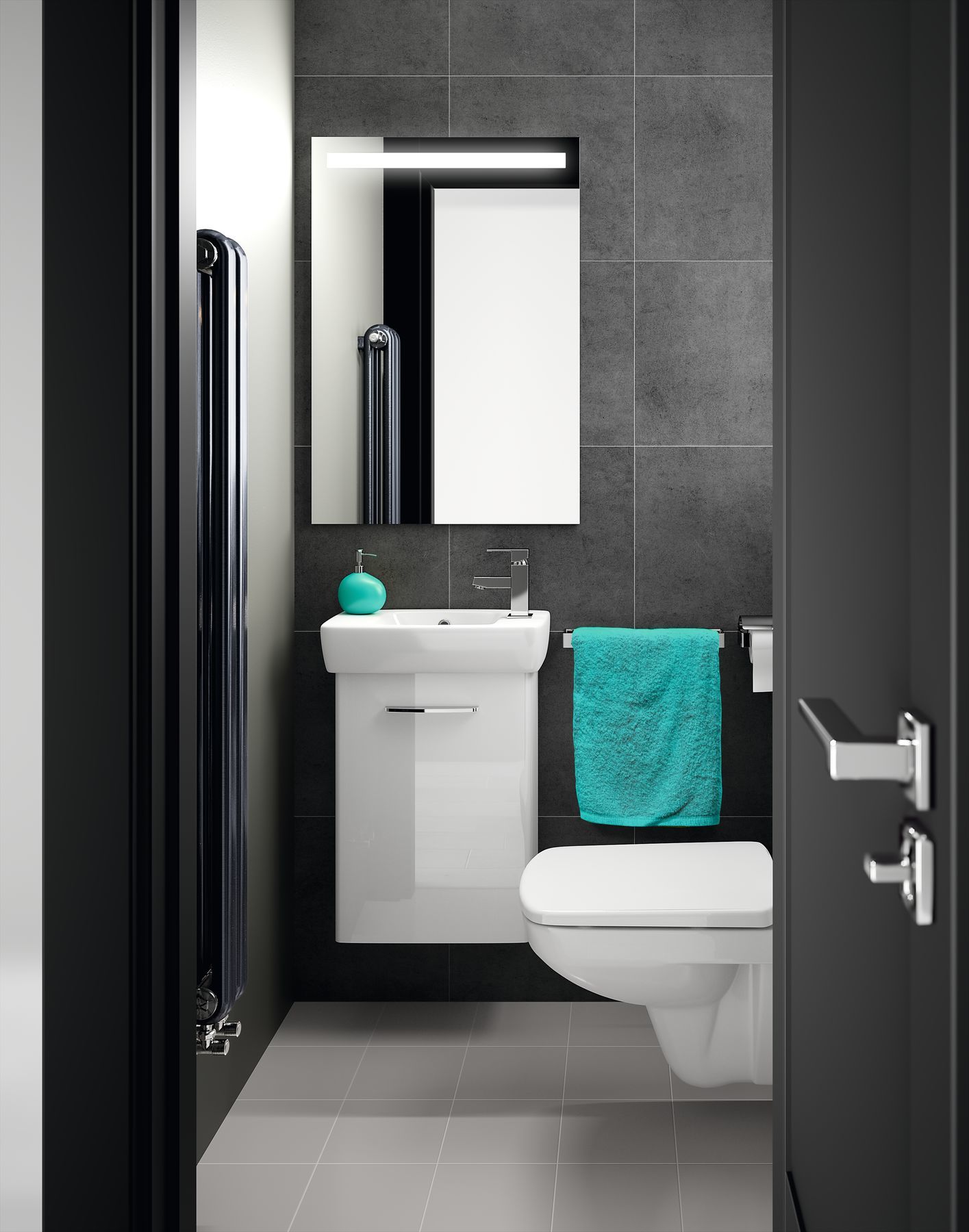 Geberit Selnova Square - malá kúpelný toaleta, zrkadlo, umývadlo, umývadlová skrinka