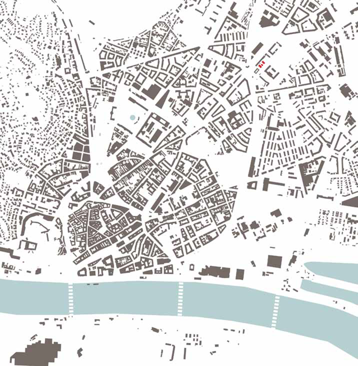 Mapa Bratislavy s vyznačením bývalého Ludwigovho mlyna (červenou). 