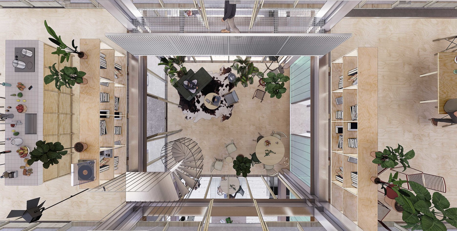 VERTICAL PALLADIO -perspektívny pohľad z coworkovej pavlače na symetrický, vertikálne prepojený priestor, vytvorený striedaním objemov.
