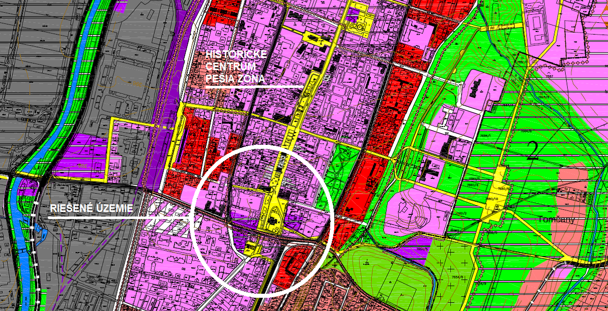 Výrez z ÚPN-SÚ Martin s vyznačením riešeného územia