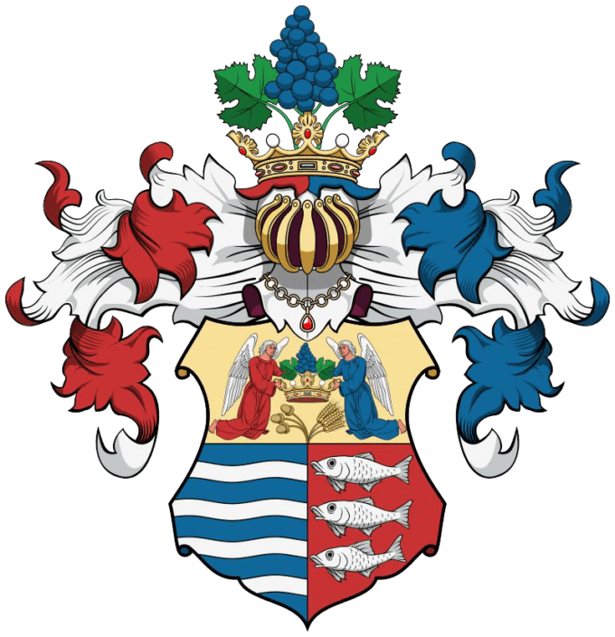 Erb historickej Zemplínskej župy s najdôležitejšími prvkami – vínnou révou, vodou, rybami, obilím a žaluďmi