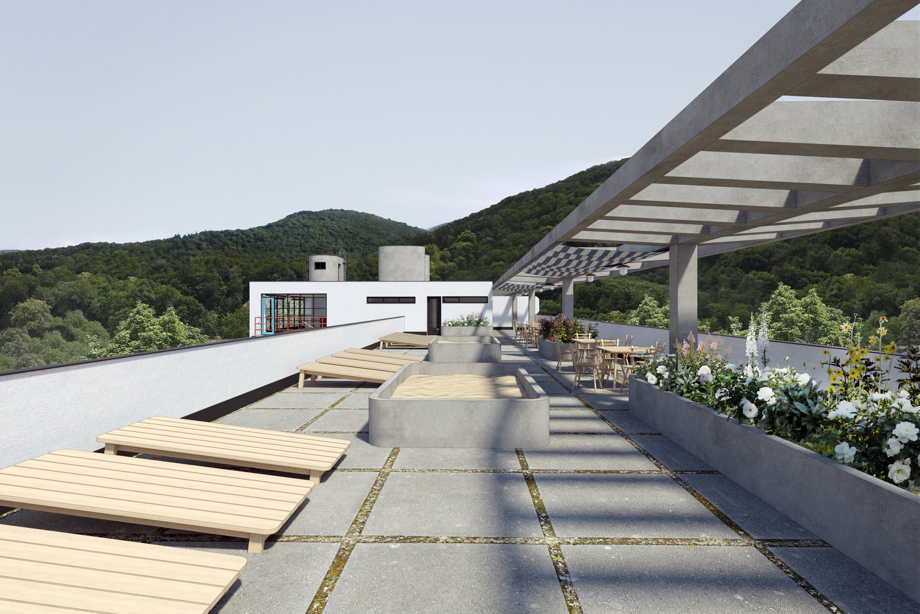 Strešná terasa nad lôžkovou časťou - vizualizácia zahŕňajúca farebné riešenie