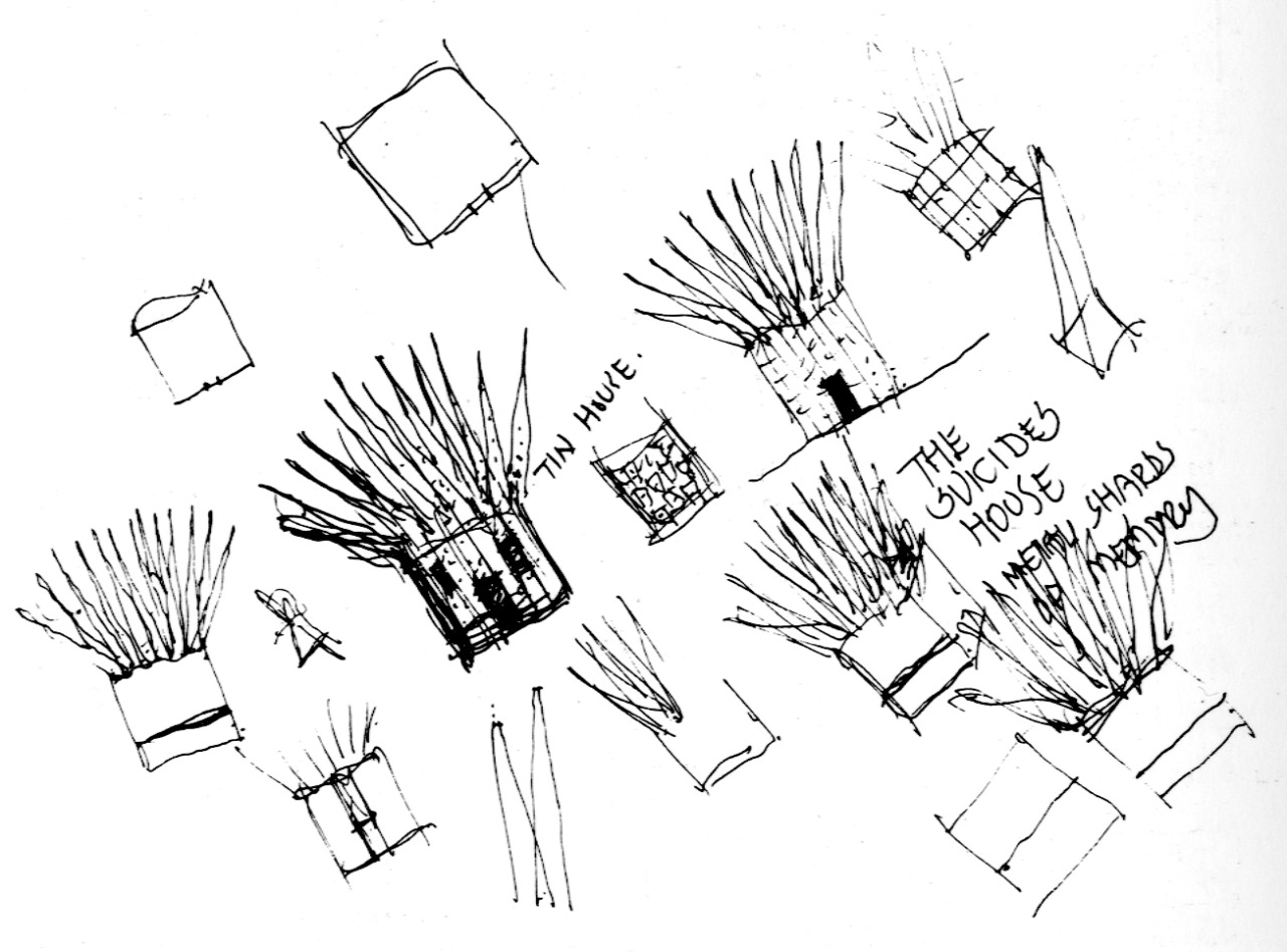 Skica "Domu samovraha" bola pôvodne súčasťou dvadsiatichšiestich architektonických štúdií a kresieb z cyklu Masques (Maškary), ku ktorému sa Hejduk opakovane vracal v priebehu niekoľkých desaťročí. James Williamson k Hejdukovej tvorbe dodáva: "Staval málo, ale veľmi intenzívne kreslil." (Zdroj reprodukcie: CCA Collection)